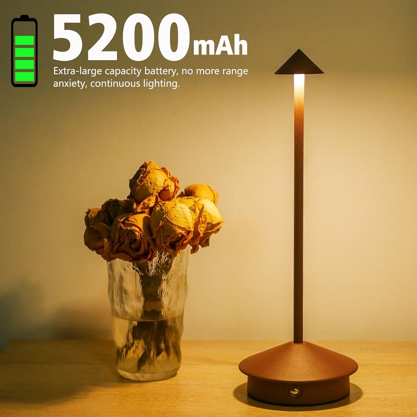 Cordless LED Table Lamp, Rechargeable 5200mAH Battery Operated Lamp for Decor, 3 Color Stepless Dimming Desk Lamps, for Restaurant, Bedroom, Outdoor Camping, Coffee Shop, Night Light