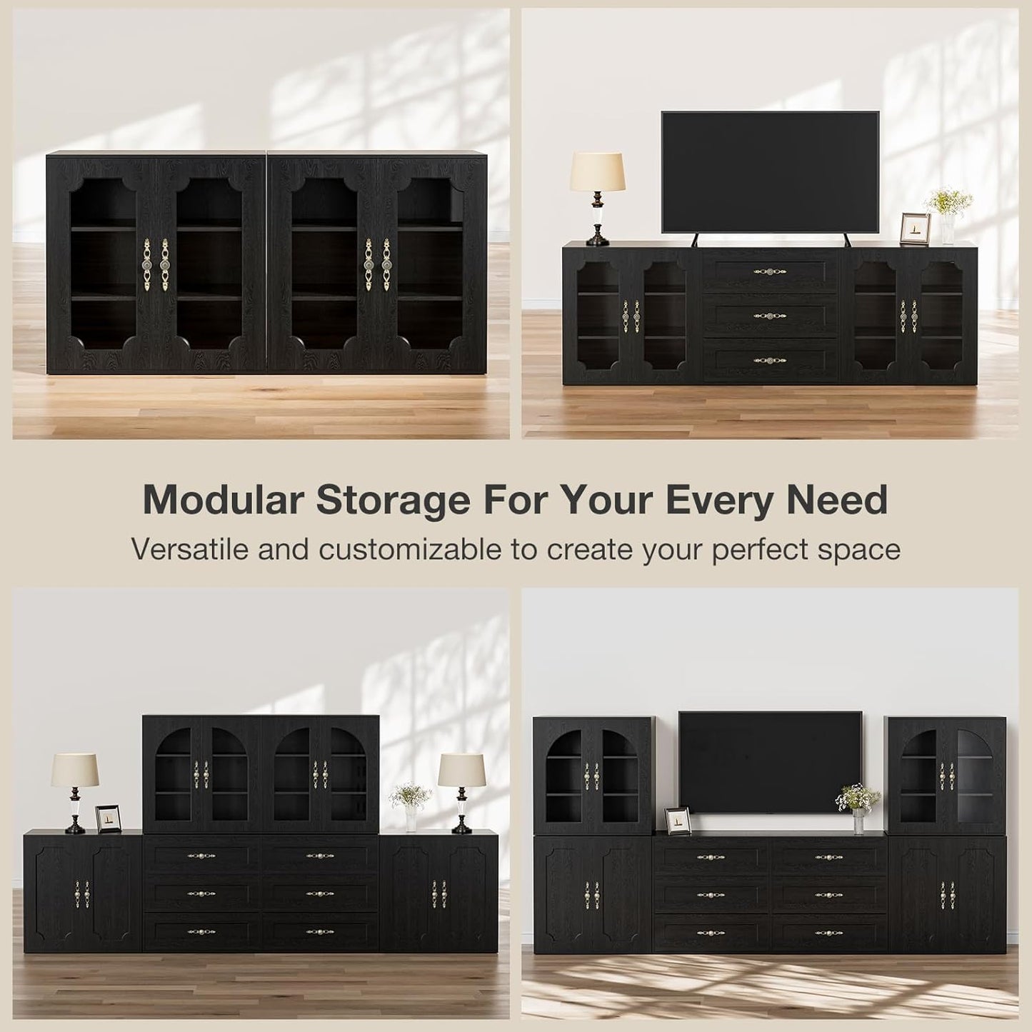 Modular Buffet Storage Cabinet, Glass 4-Door Kitchen Sideboard Buffet Console w/Adjustable Shelves, Wood Modular Organizer for Kitchen Living Room, 63 Inch