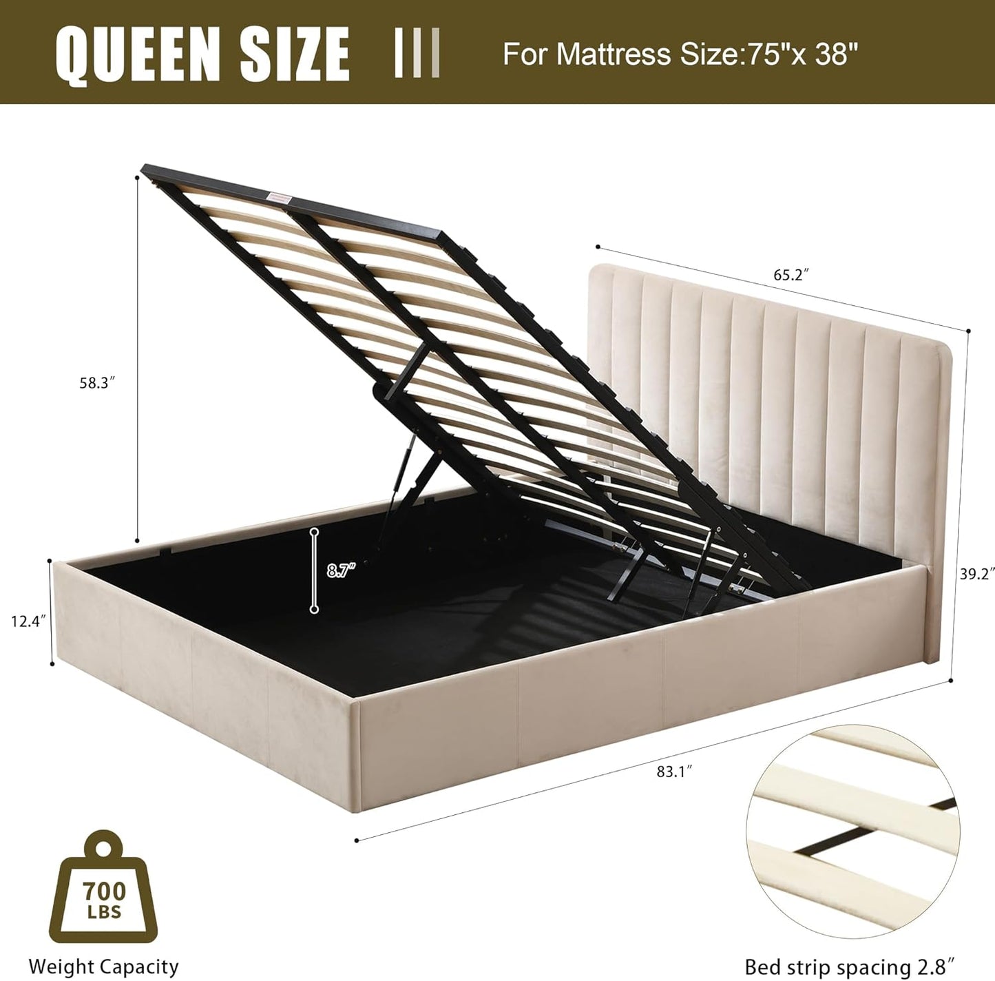 PINJU Queen Size Storage Bed with Hydraulic Lift, Upholstered Platform Bed, Simple Vertical Line Design, Wooden Slat Support, No Spring Required (Cream, Queen (U.S. Standard))