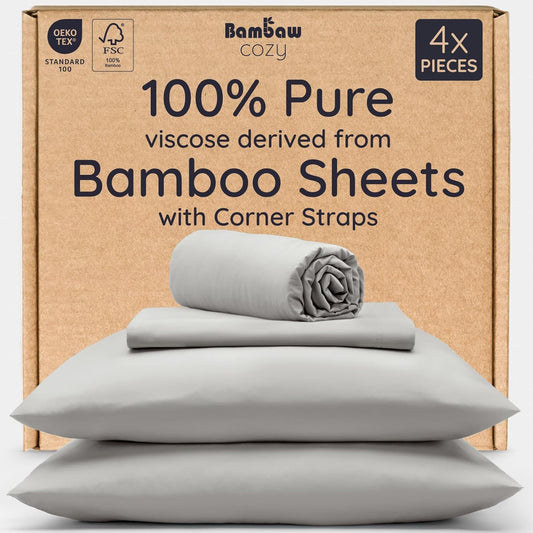 Bambaw Queen Sheet Set – 4pcs 100% Viscose Derived from Bamboo Sheets Set, Cooling Sheets for Night Sweats, Soft Queen Sheets, Hotel Luxury Bed Sheets Set, 16'' Deep Pockets (Moonlight Gray)