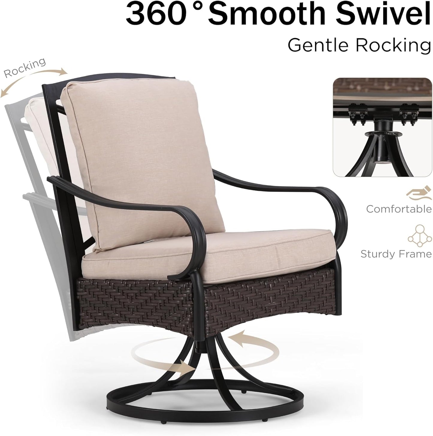 PHI VILLA 7-Piece Outdoor Dining Set, Heavy Duty Patio Table and Chairs Set with Umbrella Hole for 6, 64" Rectangular Patio Woodgrain Metal Table & Wicker Metal Chairs with Cushions, 2 Swivel