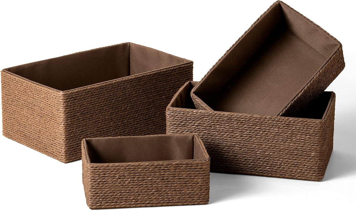LA JOLIE MUSE Paper Rope Woven Storage Basket Set of 4 with Fabric Liner, Stackable Multipurpose Organizer Bin, Brown