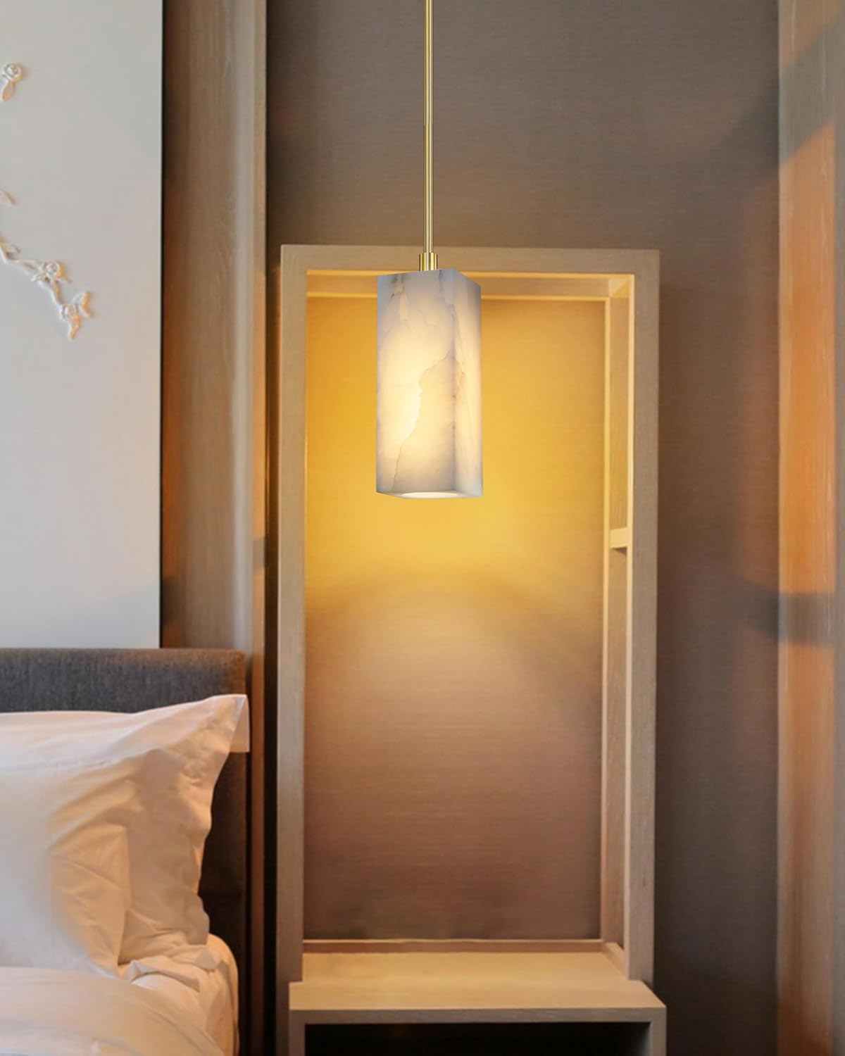 1 Light Modern Industrial Farmhouse Hanging Kitchen Island Pendant Ceiling Light Fixture,Square Natural Alabaster Marble Brushed Bronze Finish Over Sink Restaurant bar Corridor