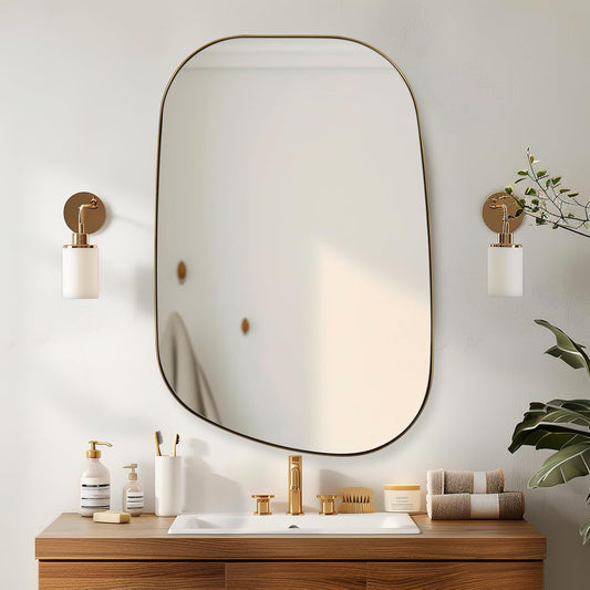 ANDY STAR Gold Bathroom Mirror, 22"x30" Brushed Brass Asymmetrical Wall Mirror in Stainless Steel Metal Frame, Unique Vanity Mirror with Modern Curved Design, Ideal for Bathroom, Bedroom, Entryway