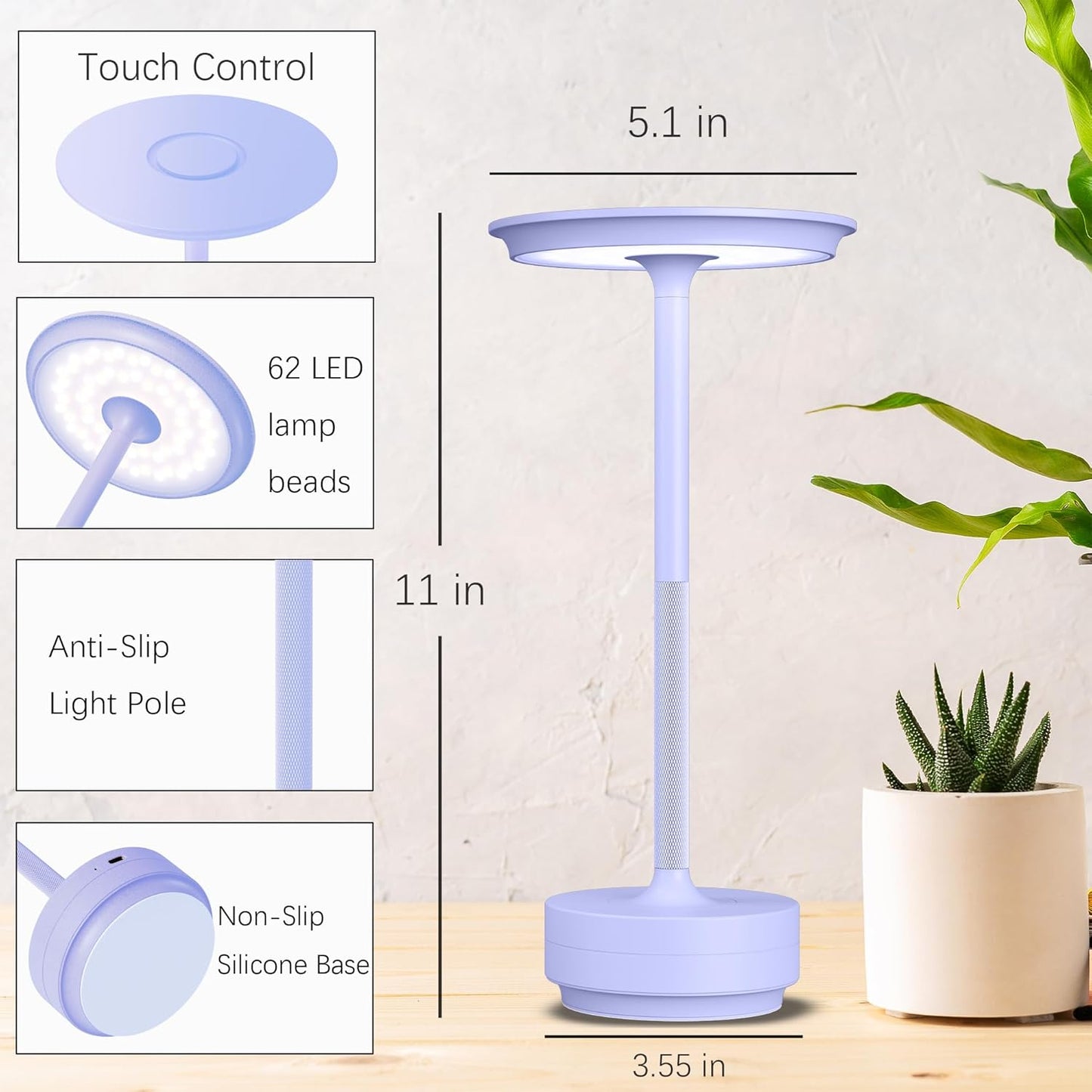 Rechargeable Cordless Table Lamp, Portable 5000mAh LED Touch Table Light, 3 Color Stepless Dimming Battery Powered Table Lamp for Outdoor/Restaurant/Patio.(Light Purple)