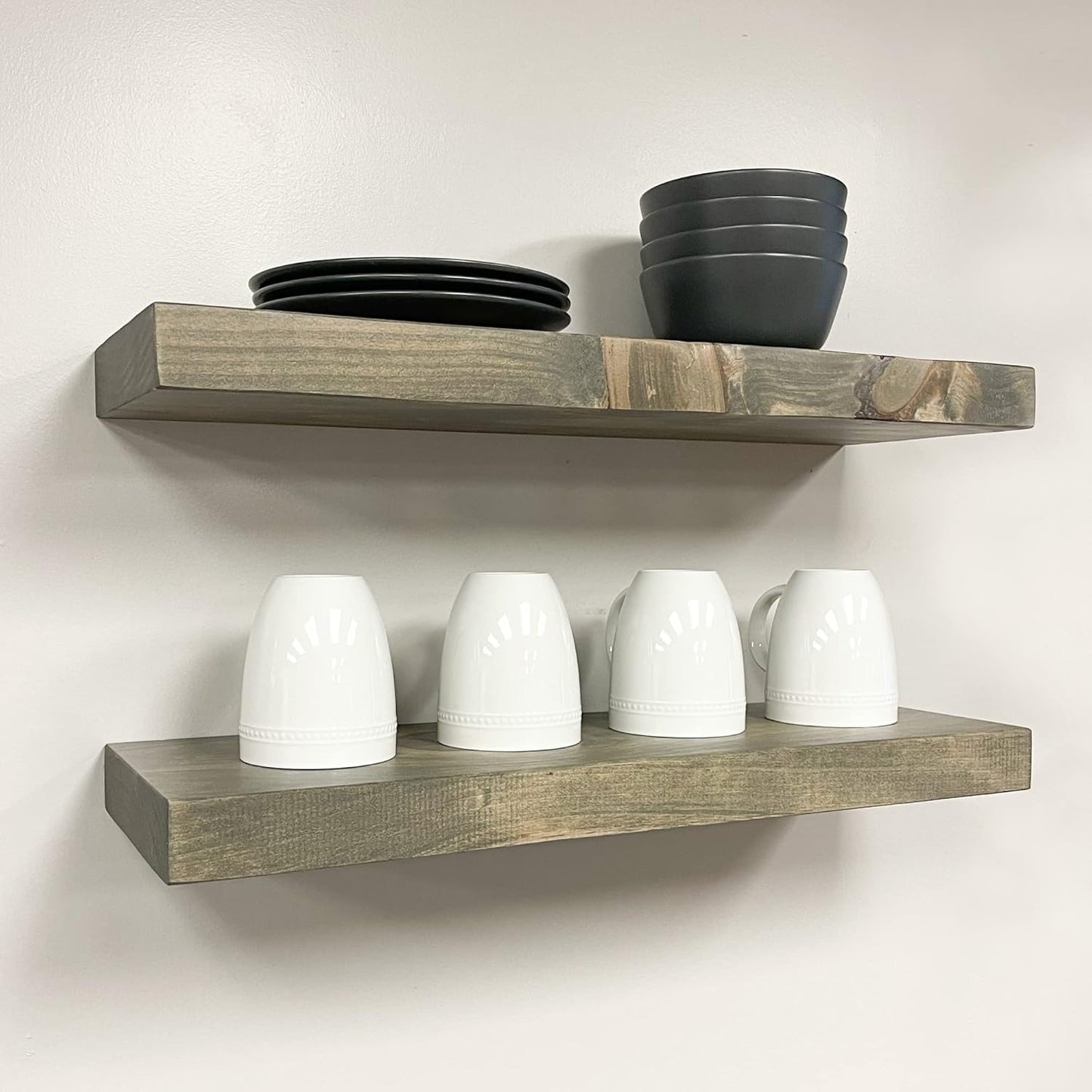 URBANDI, Rustic Floating Shelves, Set of 2, Hidden Bracket, Solid Wood, Heavy Duty, Wall Mounted Shelves, (Grey, 12Wx6D)