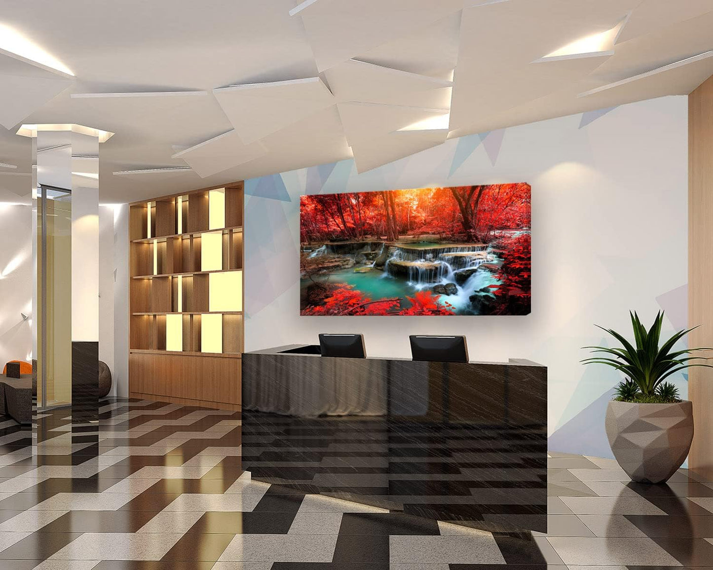 Muolunna BK03975 Wall Art Decor Canvas Print Picture Red Forest Waterfalls 1 Piece Modern Landscape Tree for Living Room Bedroom Kitchen Office Home Decorations Stretched and Framed Ready to Hang