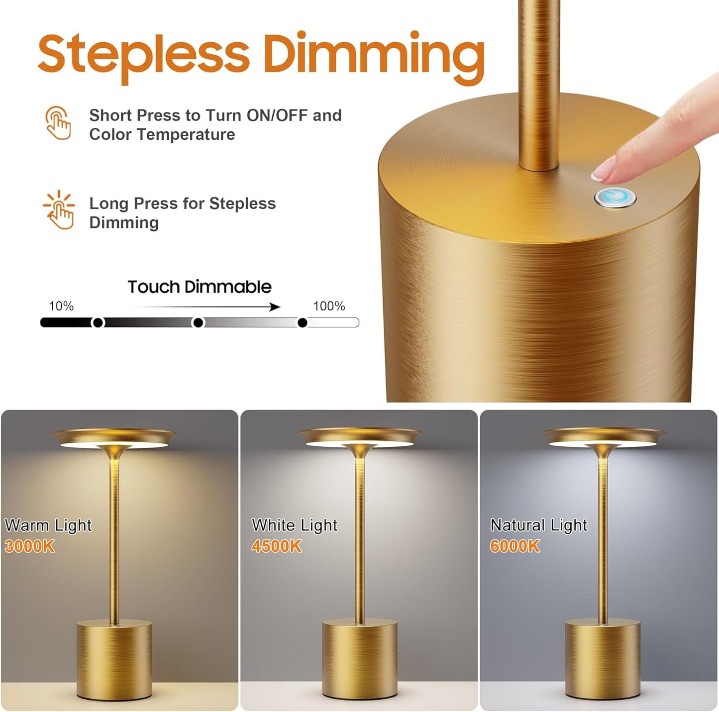 Cordless Table Lamp,Rechargeable 6000mAh Battery Operated Portable Table Light, 3 Color Stepless Dimmable Battery Lamps, LED Table Light for/Restaurant/Outdoor/Patio(Gold)