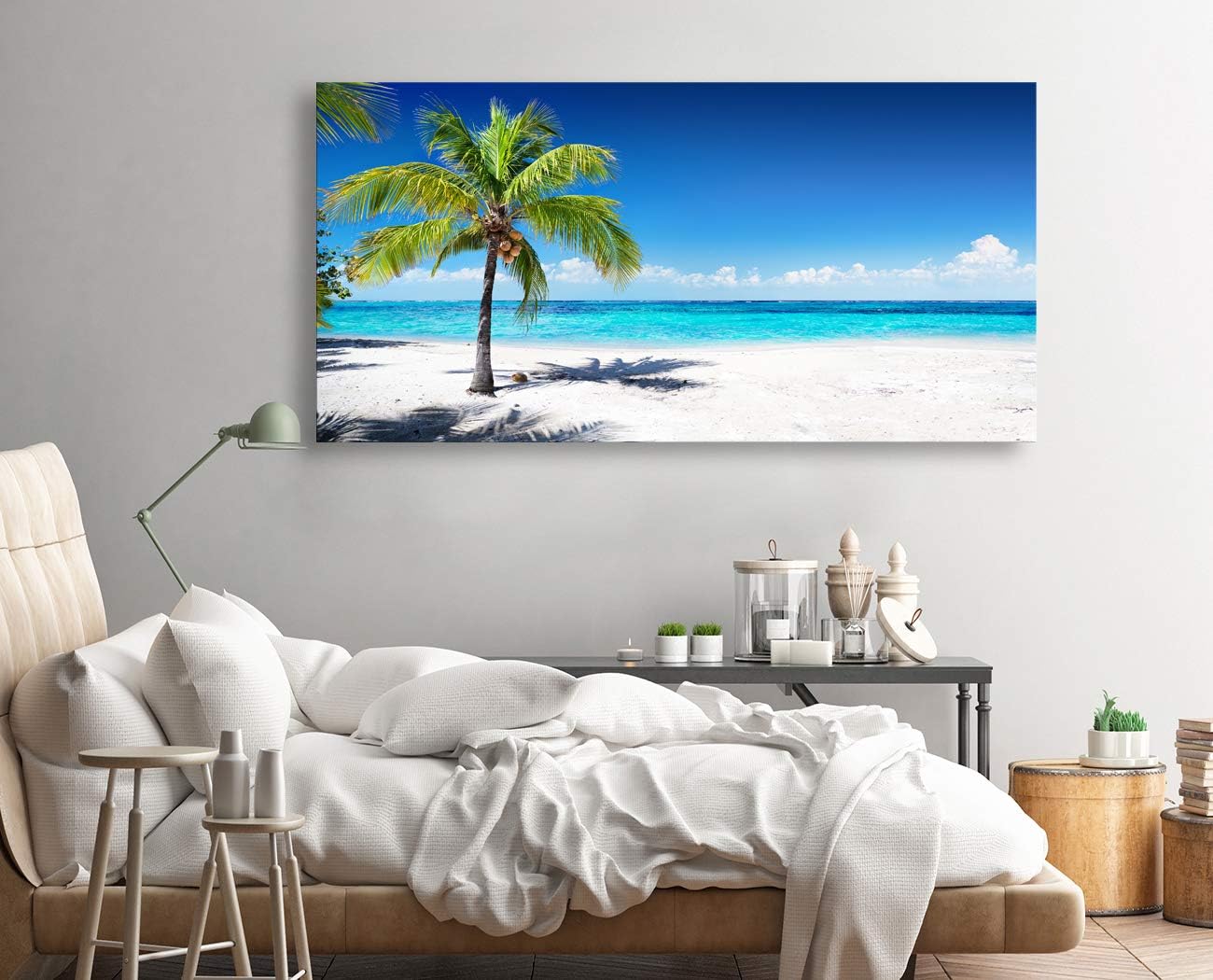 Baisuart Large Canvas Wall Art Summer Ocean Waves Coconut Trees on Sands Beach Seascape Painting Sea Nature Pictures for Living Room Home Office Wall Decor Artwork XXLarge 30x60inch
