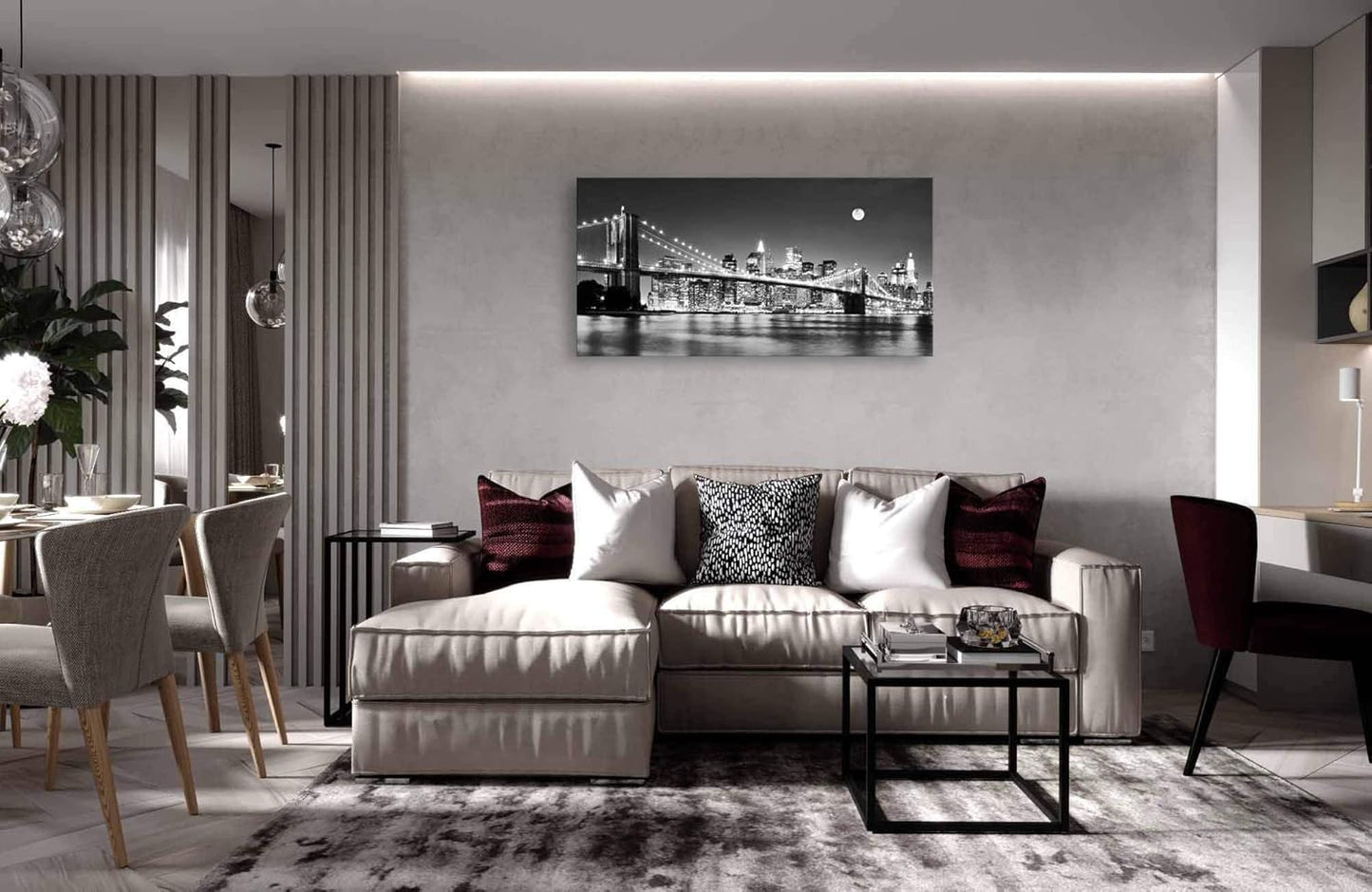 Baisuart-Q30350 Brooklyn Bridge Night View 1 Panels Landscape Artwork Canvas Prints Moon Night New York City Scene Picture Paintings Black and white Wall Art for Oiffce Home Decorations Wall Decor