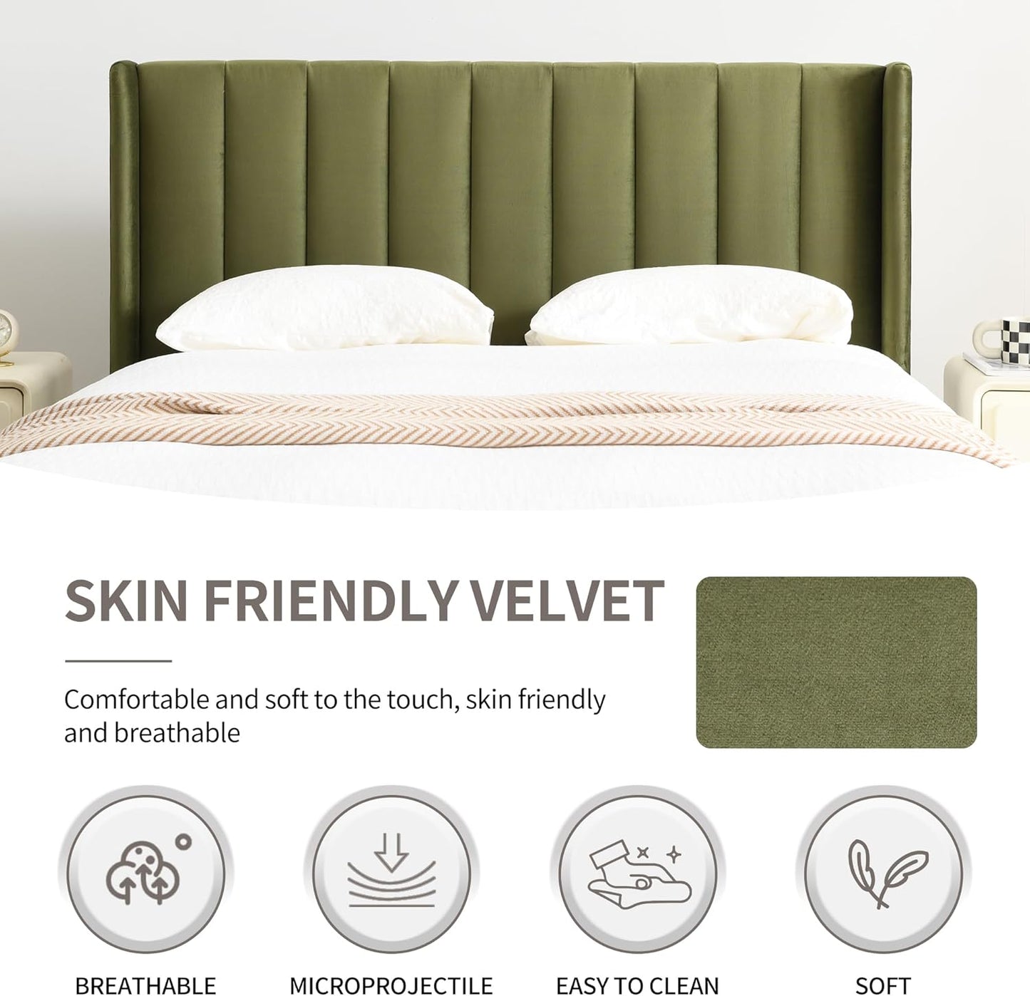 YUHUASHI upholstered Platform Bed Frame/Queen Bed Frame/Modern Geometric Double-Wing Design headboard/Velvet Fabric/Easy to Assemble no Noise (Grass Green, Queen (U.S. Standard))