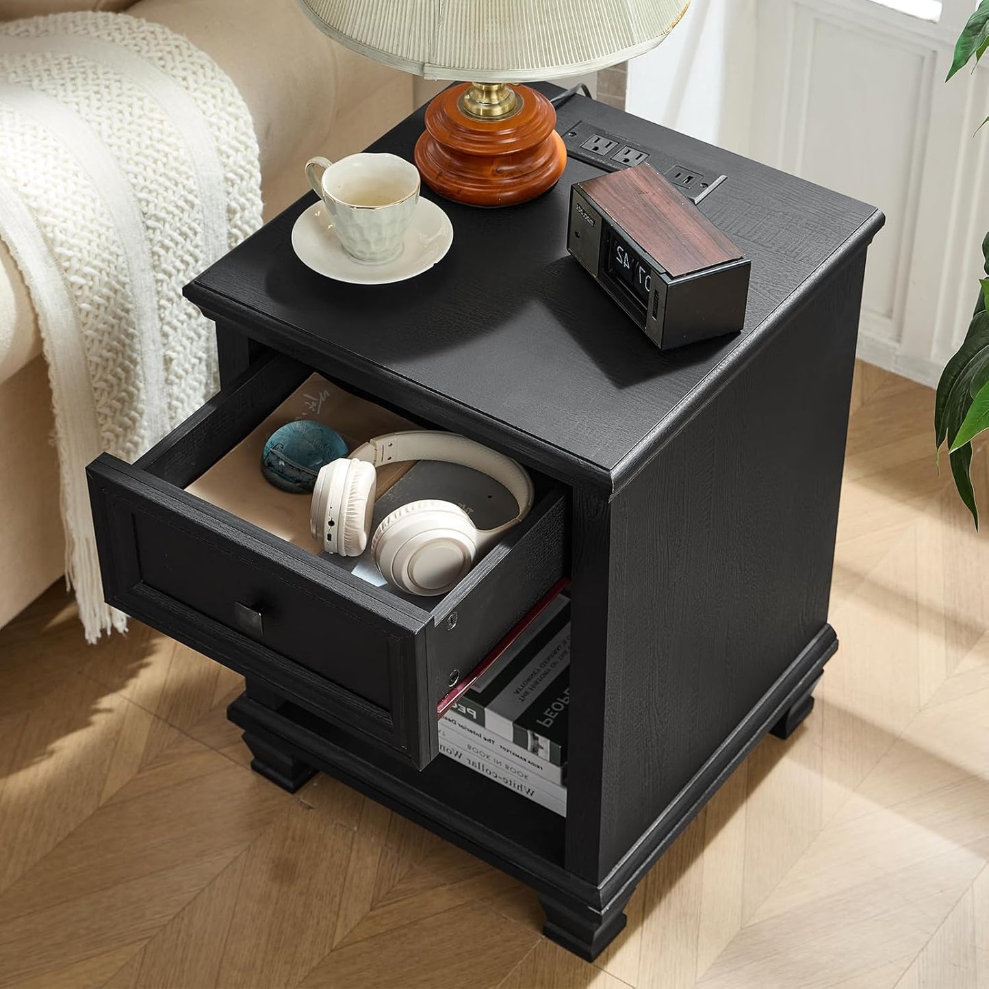 Farmhouse End Tables Living Room Set of 2, Rustic Wood Nightstand with 1 Drawer, Bedside Table with Open Shelf for Bed Room, Side Table for Living Room, Black