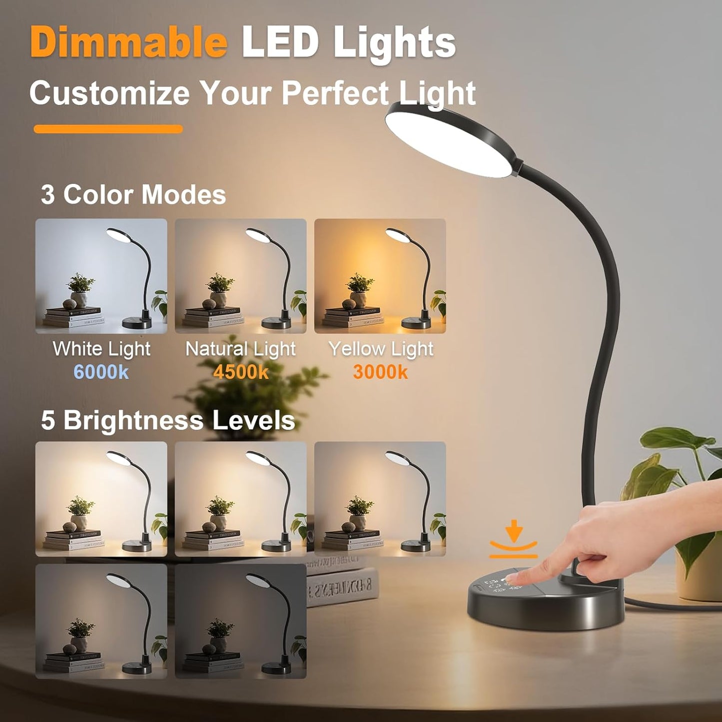 15W LED Desk Lamp with USB Charging Ports – Dimmable Table Lamp with 3 Color Temps, 5 Brightness, 4 Timers, Flexible Gooseneck Light with Base, Eye-Caring Reading Light for Home Office, Bedroom, Study