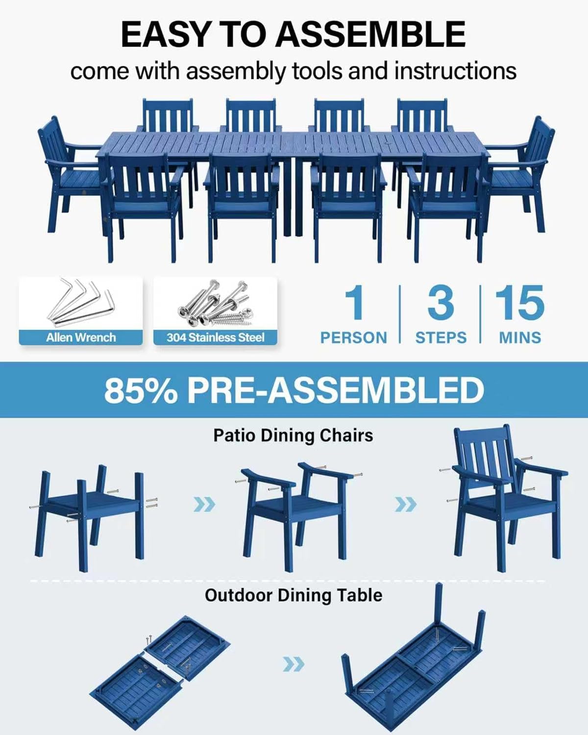 YEFU Outdoor Patio Dining Sets: All Weather 12 Piece Dining Table Set for 10 with Umbrella Hole & Aluminum Frame - Outdoor Furniture Patio 2 Table and 10 Chairs for Outside Backyard/Porch/Deck Blue