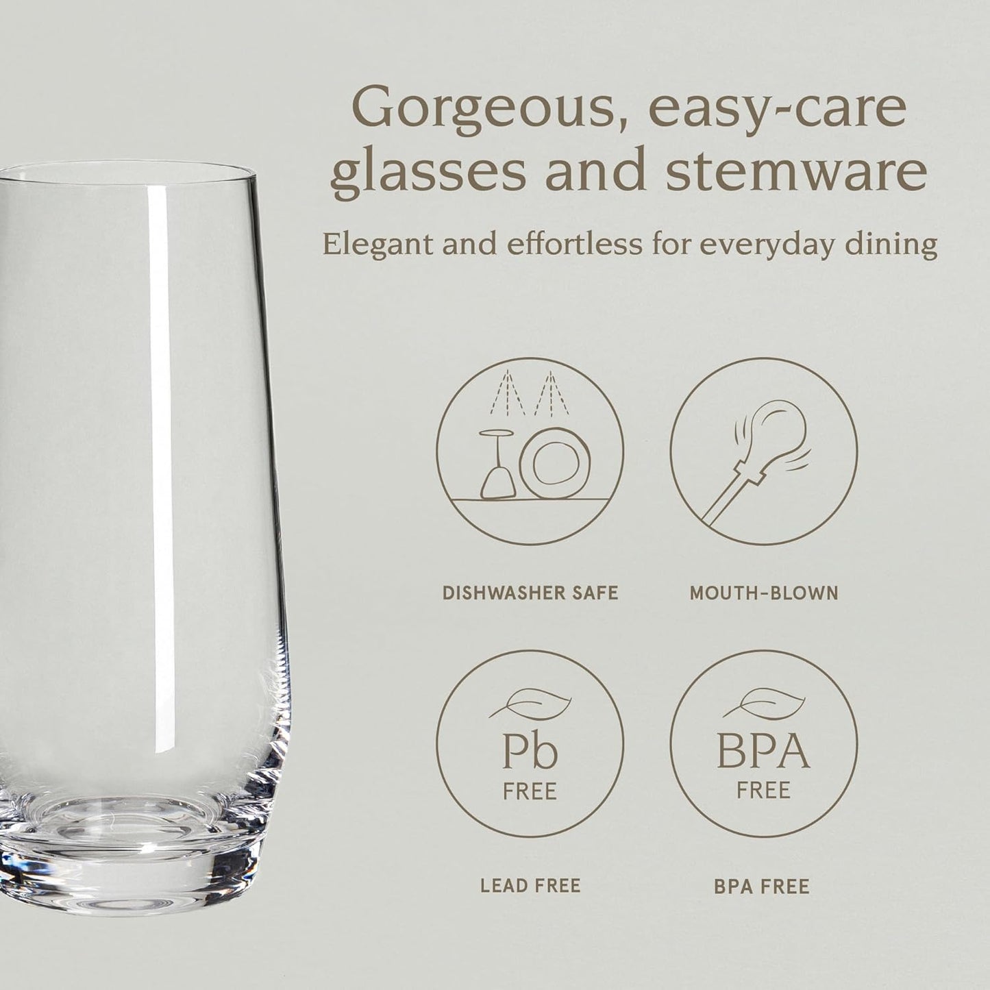 over&back 12oz Traditional Glassware - Set of 4 Classic Stemless Drinking Glasses for Parties, Get-togethers, and More - Mouth-Blown - Wine Cups for Kitchen and Dining Room - Clear, Water (12oz)