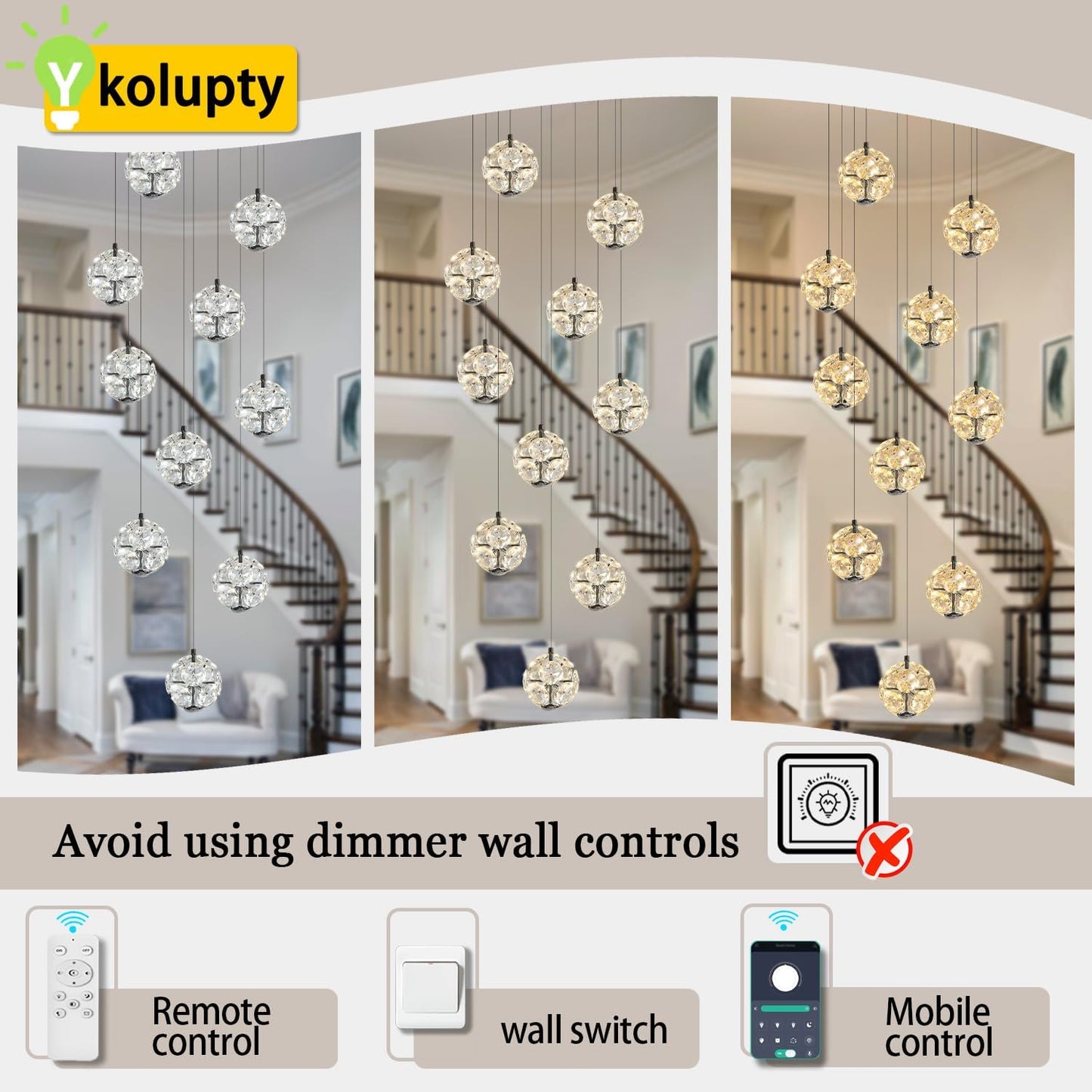 10-Light LED Staircase Chandelier Modern Pendant Light Black Crystal Globe Chandeliers Large Chandeliers for High Ceilings, Entryway Lighting Fixture Villas and Stairs