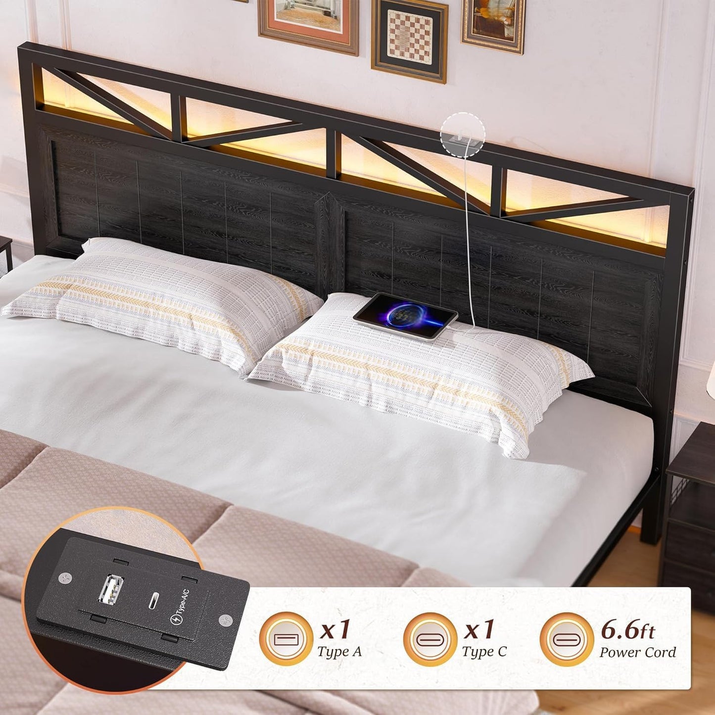 EnHomee Metal Queen Bed Frame with 2 Storage Drawers and Headboard Built in Charging Station & LED Light,NO Noise,No Box Spring Needed,Black