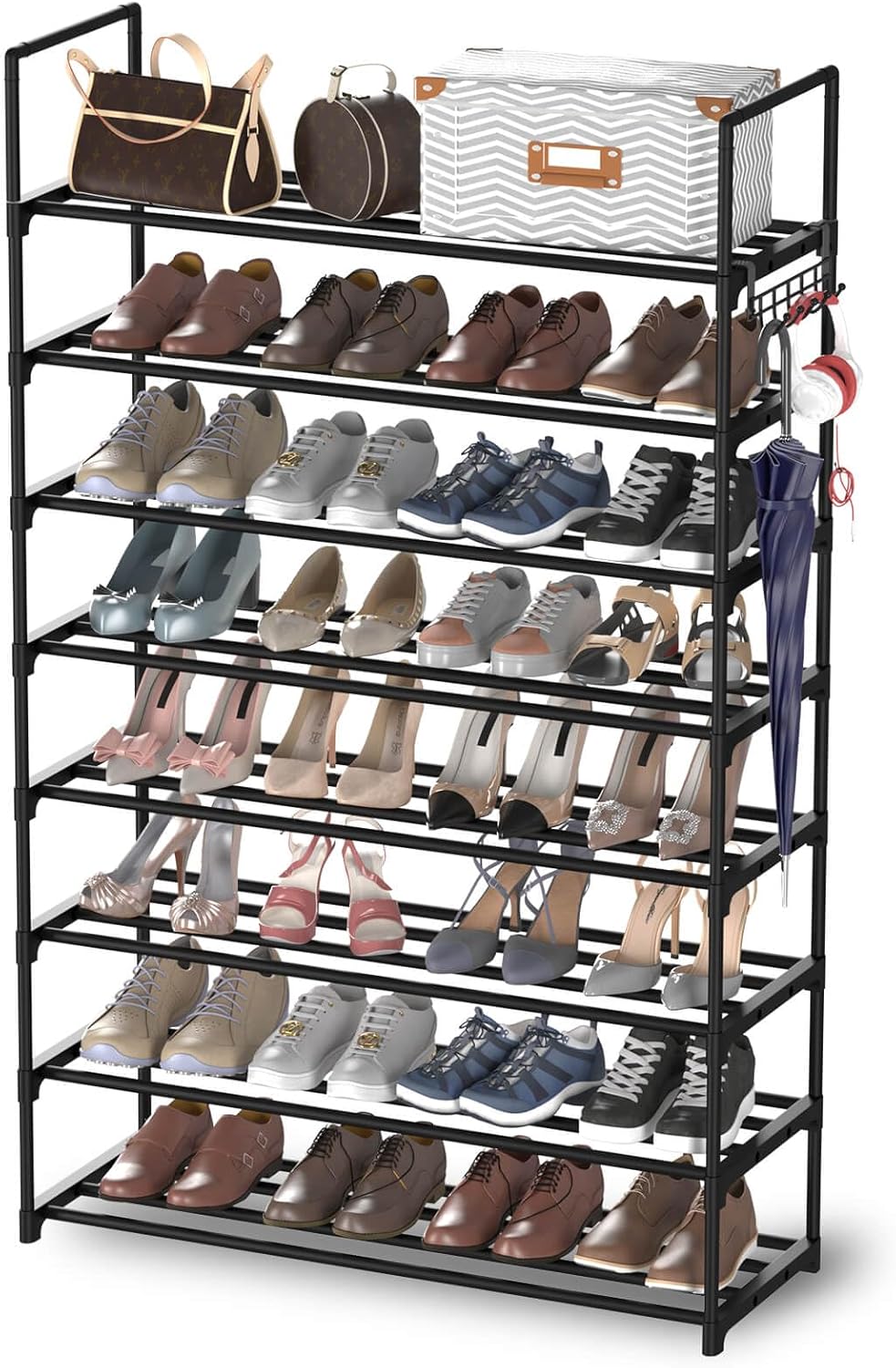 8 Tiers Metal Shoe Rack,Adjustable Shoe Shelf Storage Organizer with Hooks,Stackable Boot & Shoe Storage,for Entryway,Hallway,Closet,Black