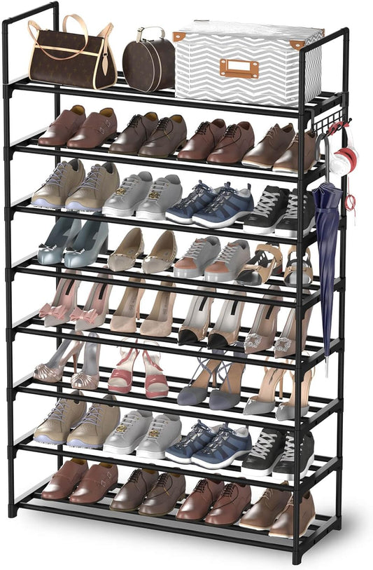 8 Tiers Metal Shoe Rack,Adjustable Shoe Shelf Storage Organizer with Hooks,Stackable Boot & Shoe Storage,for Entryway,Hallway,Closet,Black