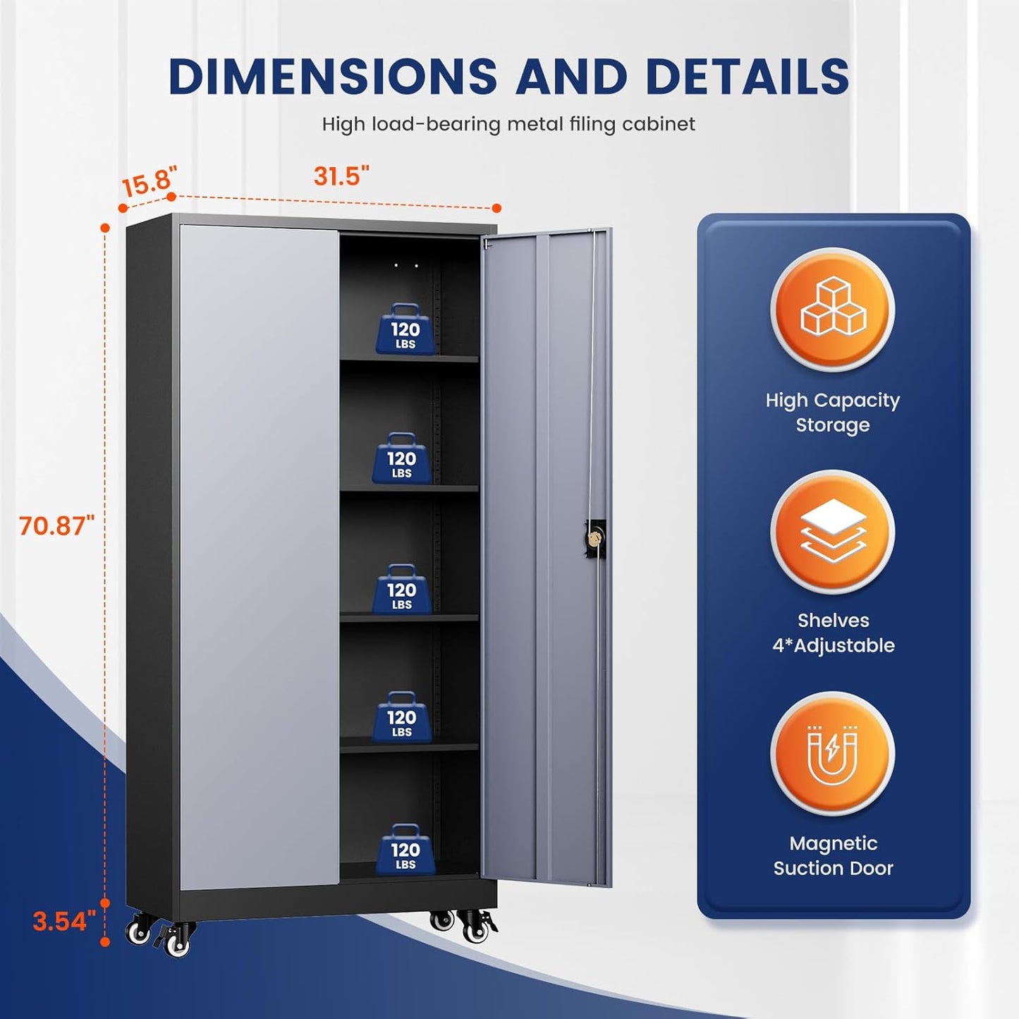Yizosh Metal Garage Storage Cabinet with Locking Doors and Adjustable Shelves,- 75" Rolling Steel Tool Cabinet for Home Office,Garage,Warehouse