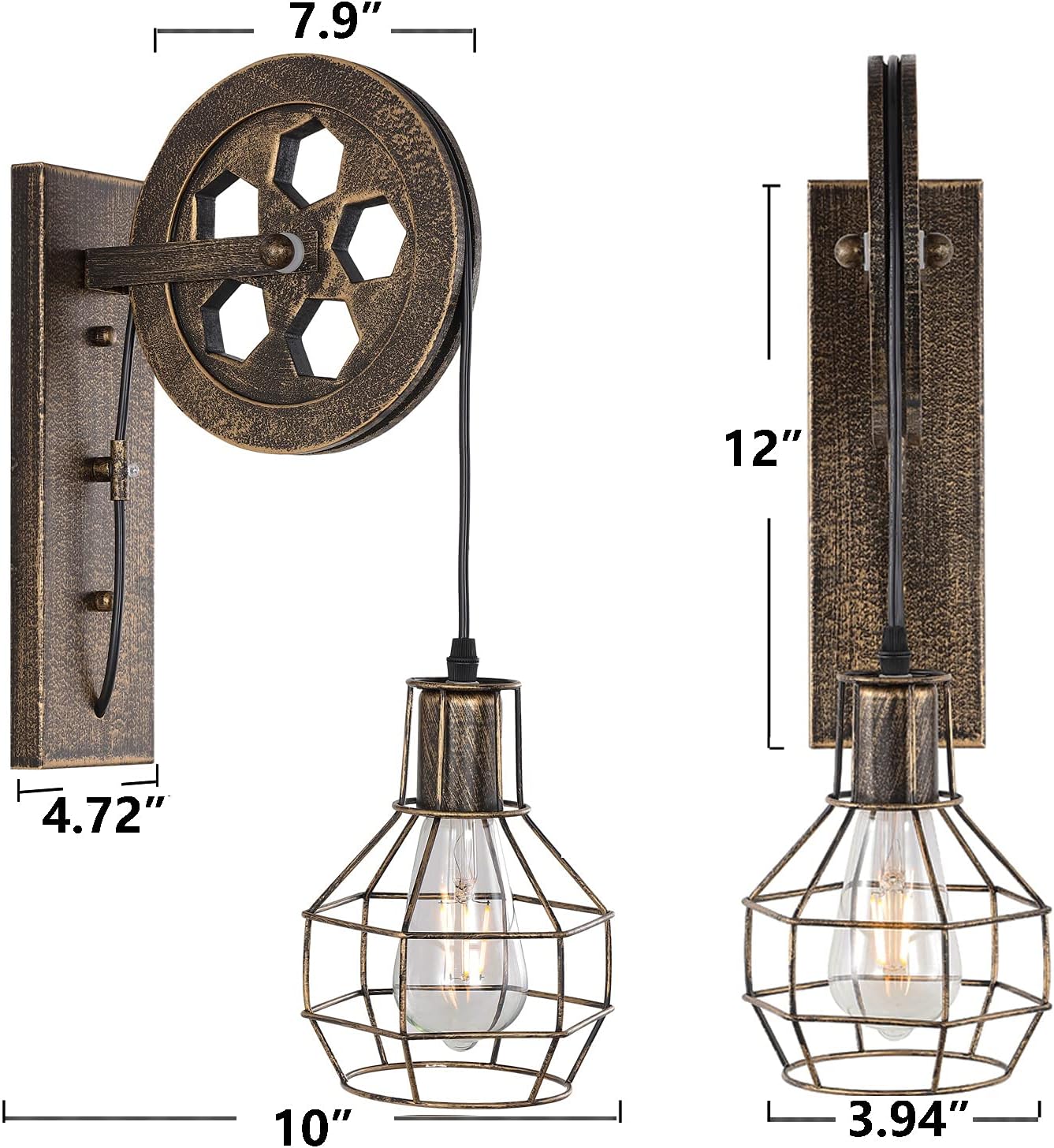 1 Light Fixture Industrial Mid Century Retro Iron Wall Lights Lift Pulley Wall Lamp Features The Matte Iron Cage Lamp Shade for Indoor Lighting Barn Restaurant(Bronze Color)