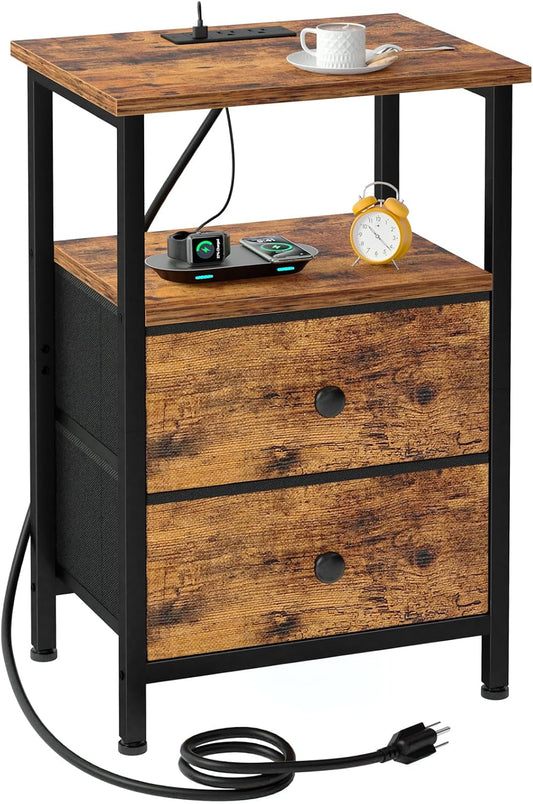 Night Stand, Nightstand with Charging Station, End Table with Storage 2 Fabric Drawers for Bedroom, Small Bed Side Table with USB Ports and Outlets for Living Room, Brown, HETS020BR-1