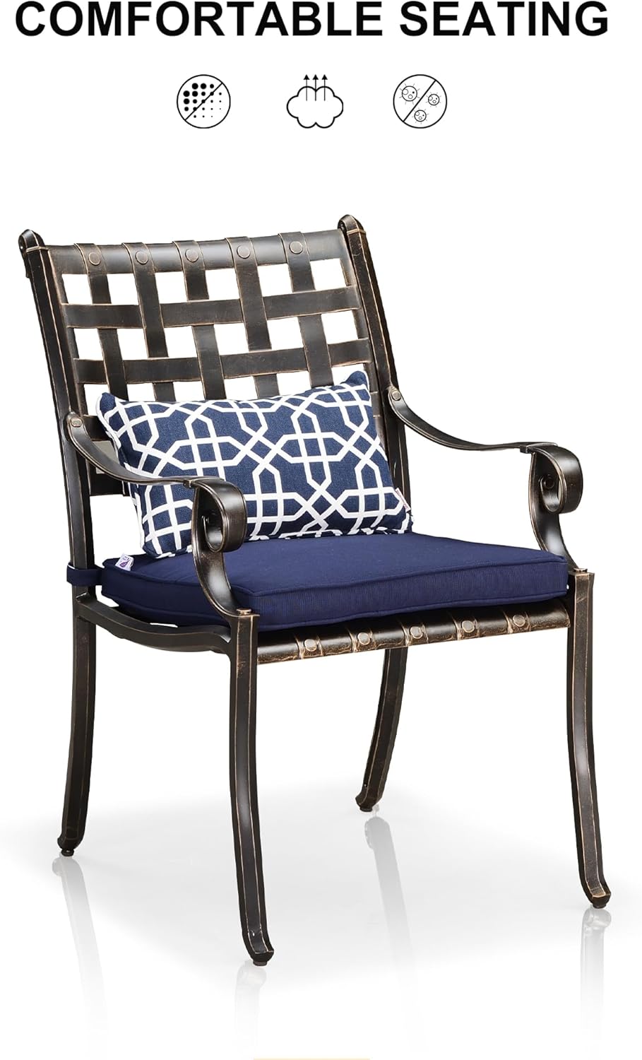 PURPLE LEAF 7 Pieces Patio Dining Set Cast Aluminum Patio Furniture with 6 Armchairs and 47" Round Table, Cushion and Pillow Included, for Lawn Yard Garden Outdoor Dining Set, Navy Blue