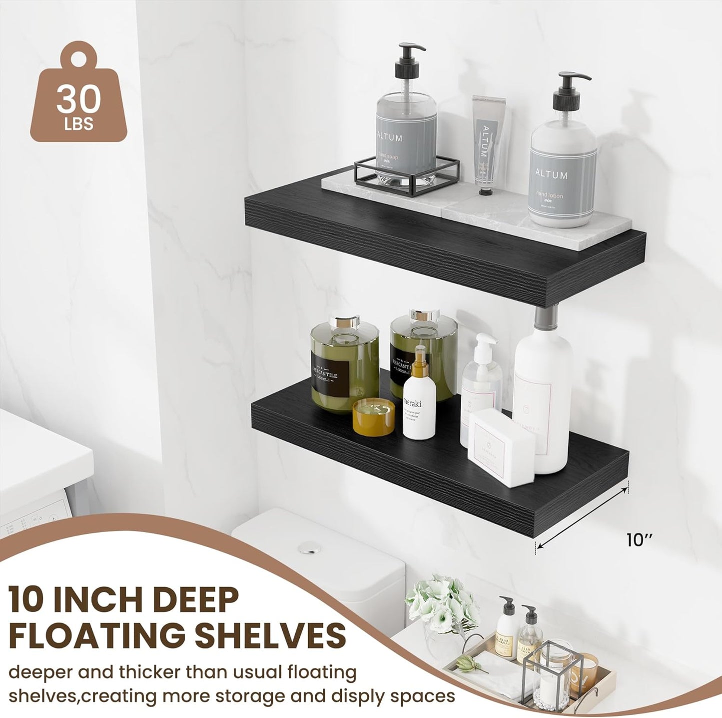 Fun Memories 24 Inch Floating Shelves Wall Mounted, 10 Inch Deep Wall Shelves, 24 x 10 Floating Shelf for Living Room Bathroom Bedroom, Black, Set of 2