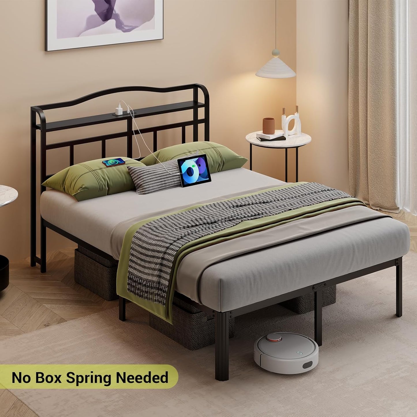 UOMEUR Metal Bed Frame with Headboard and USB & Type C Charging Station, Heavy Duty Metal Bed Frame No Box Spring Needed with Ample Storage Space - Easy Assembly and Noise Free(Black, Full)
