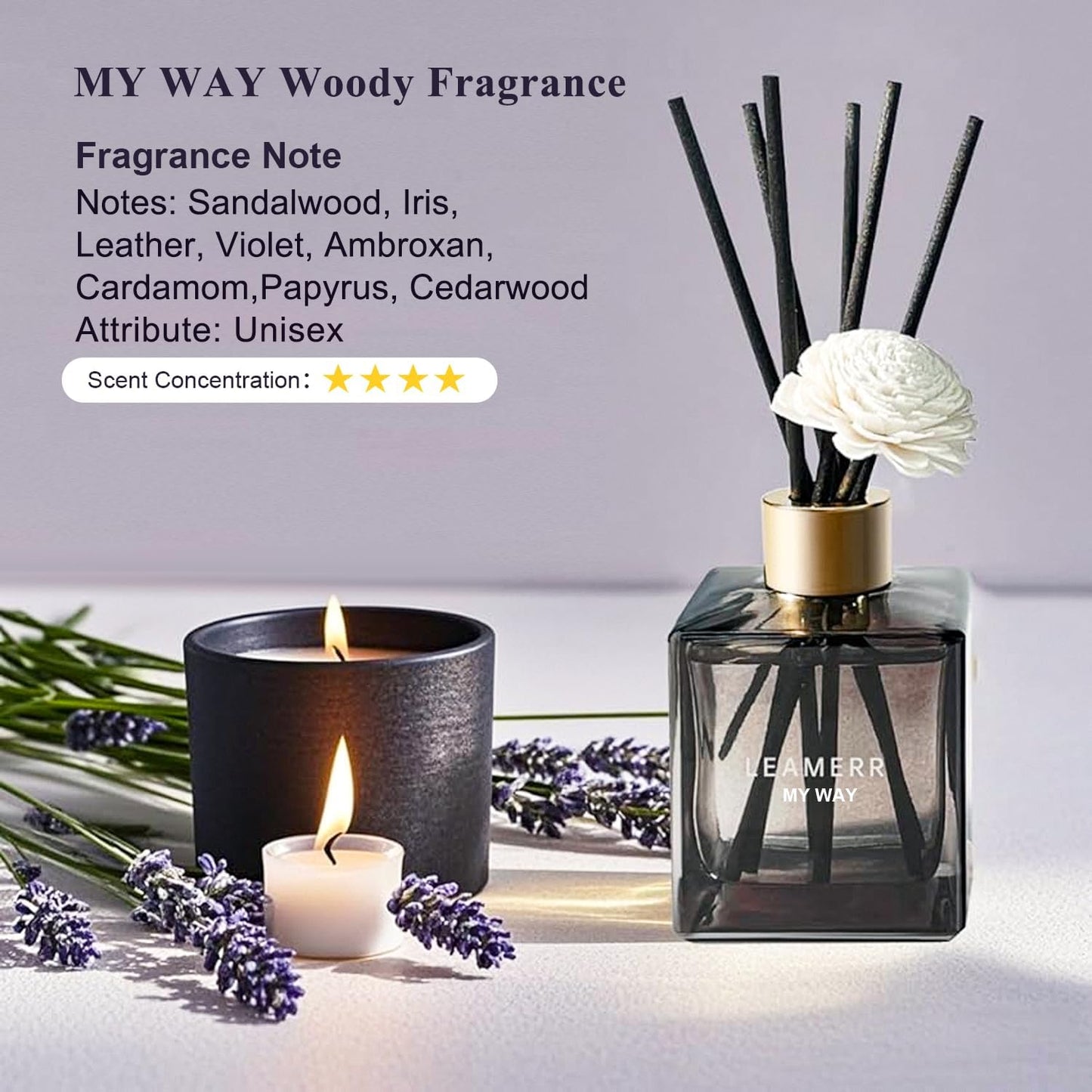 Reed Diffuser Set, 6.1 oz (180 ml) My Way Woody Fragrance Diffuser with 6 Reed Sticks and Scented Diffuser Flower Long-Lasting Home Fragrance Reed Diffuser for Home Room Office Bathroom Shelf Decor