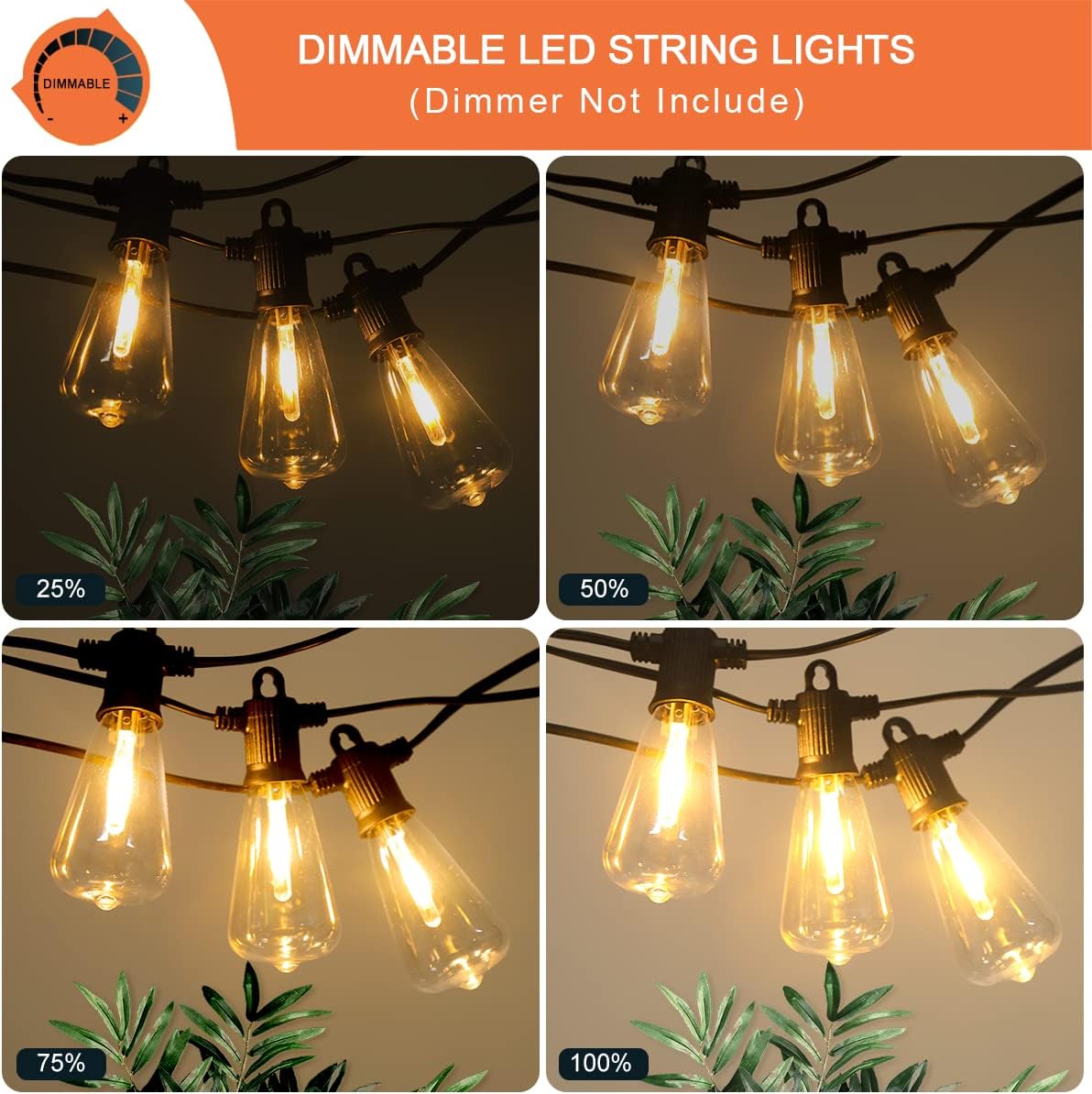 Kawaya Outdoor Patio String Lights: 25 FT LED Outside Patio Light with 12 Shatterproof Vintage Bulbs - 2700K Dimmable IP65 Waterproof Edison Outdoor Lighting for Porch Deck Bistro Cafe Party