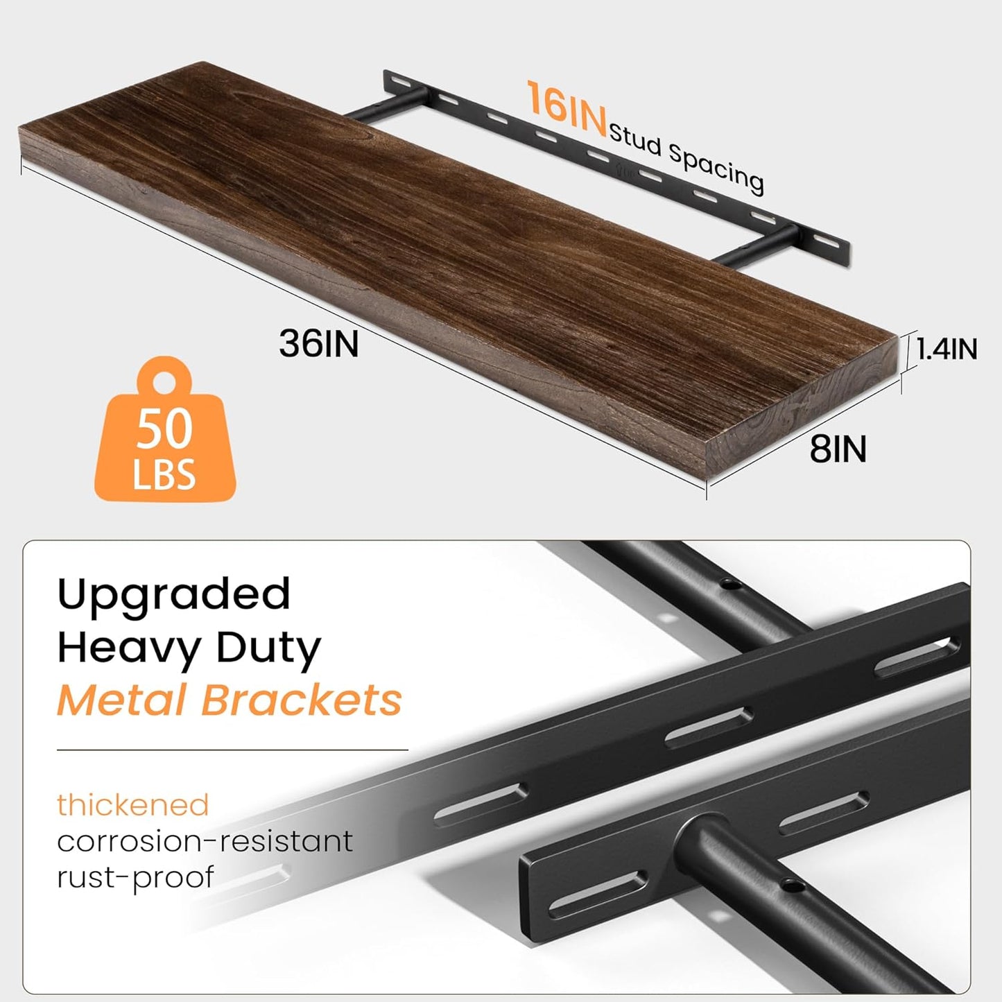 Fun Memories Solid Elm Wood Floating Shelves, 36 Inch Floating Shelves for Wall, Wall-Mounted Wooden Shelves with Invisible Heavy-Duty Brackets for Books, Bathroom, Kitchen, Walnut, 2 Pack