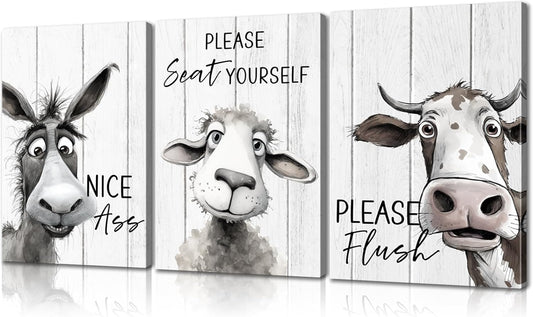 Mistyefly 3 Piece Funny Bathroom Quote Canvas Wall Art with Built-in Wooden Frame - Funny Animal Wall Art & Cow Sheep Donkey Pictures for Bathroom - Lightweight, Ready to Hang, 12x16x3 Inches