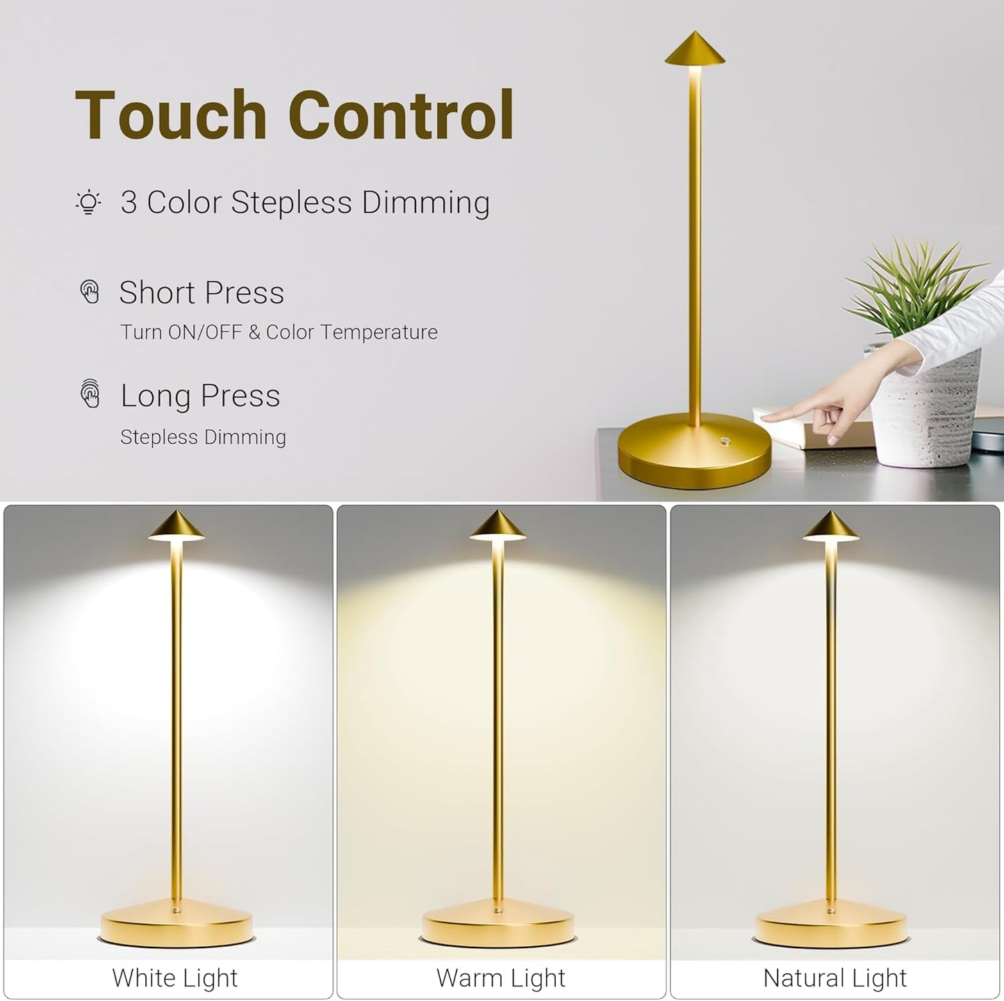 2Pack Cordless Table Lamp, Rechargeable Battery Operated Lamp 4000mAh with 3 Color Light Stepless Dimming Portable LED Desk Touch Table Lamp for Restaurant Nightstand Bedroom Living Room Gold
