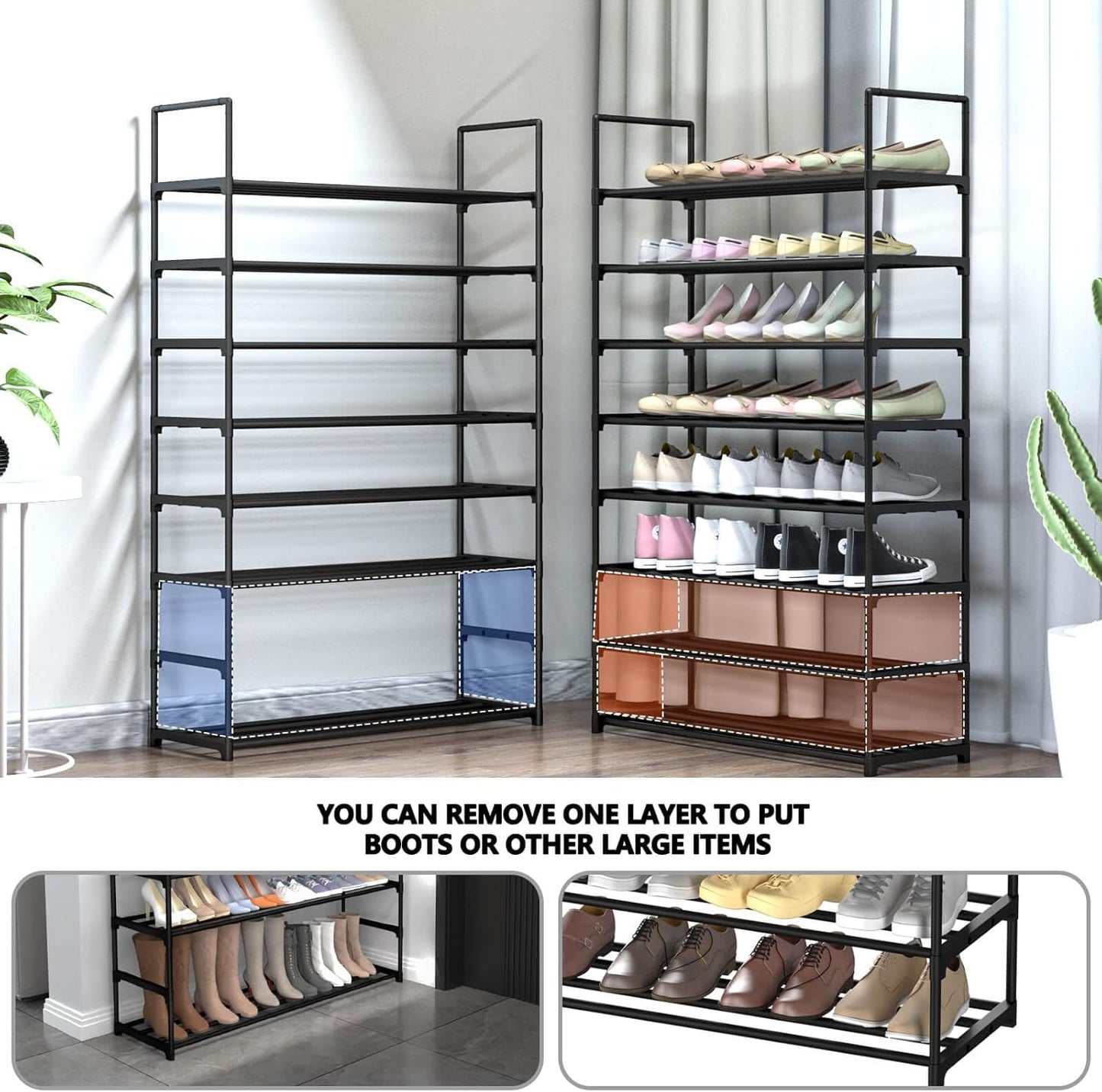 8 Tiers Metal Shoe Rack,Adjustable Shoe Shelf Storage Organizer with Hooks,Stackable Boot & Shoe Storage,for Entryway,Hallway,Closet,Black