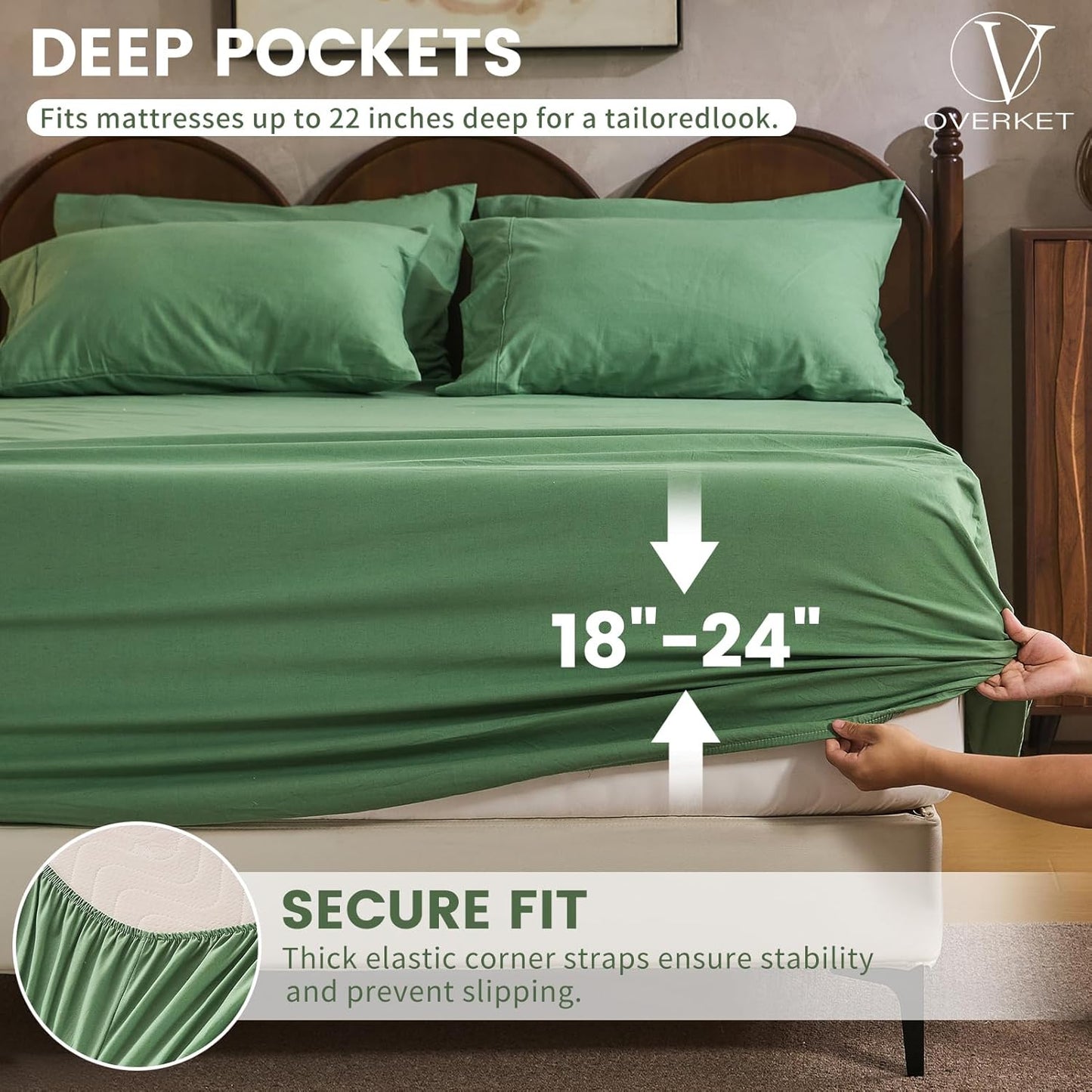 100% Linen Sheet Set Queen Size Extra Deep Pocket Fits 18-24 Inch Mattress, Breathable & Soft, Smooth 6-Piece Set for Thick Mattresses Hotel Luxury Bedding（Queen, Sage Green）