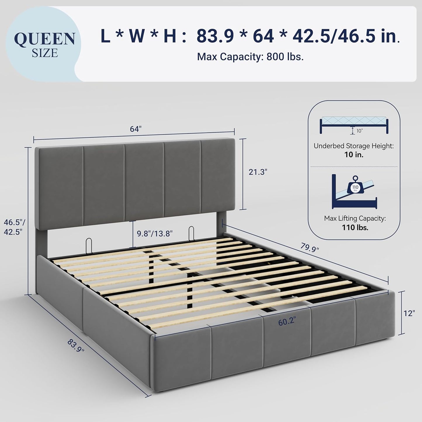 Allewie Queen Size Velvet Lift Up Storage Bed Frame, Vertical Channel Tufted Headboard, Hydrualic Underneath Storage, Upholstered Platform Bed, Wooden Slats Support, No Box Spring Needed, Gray
