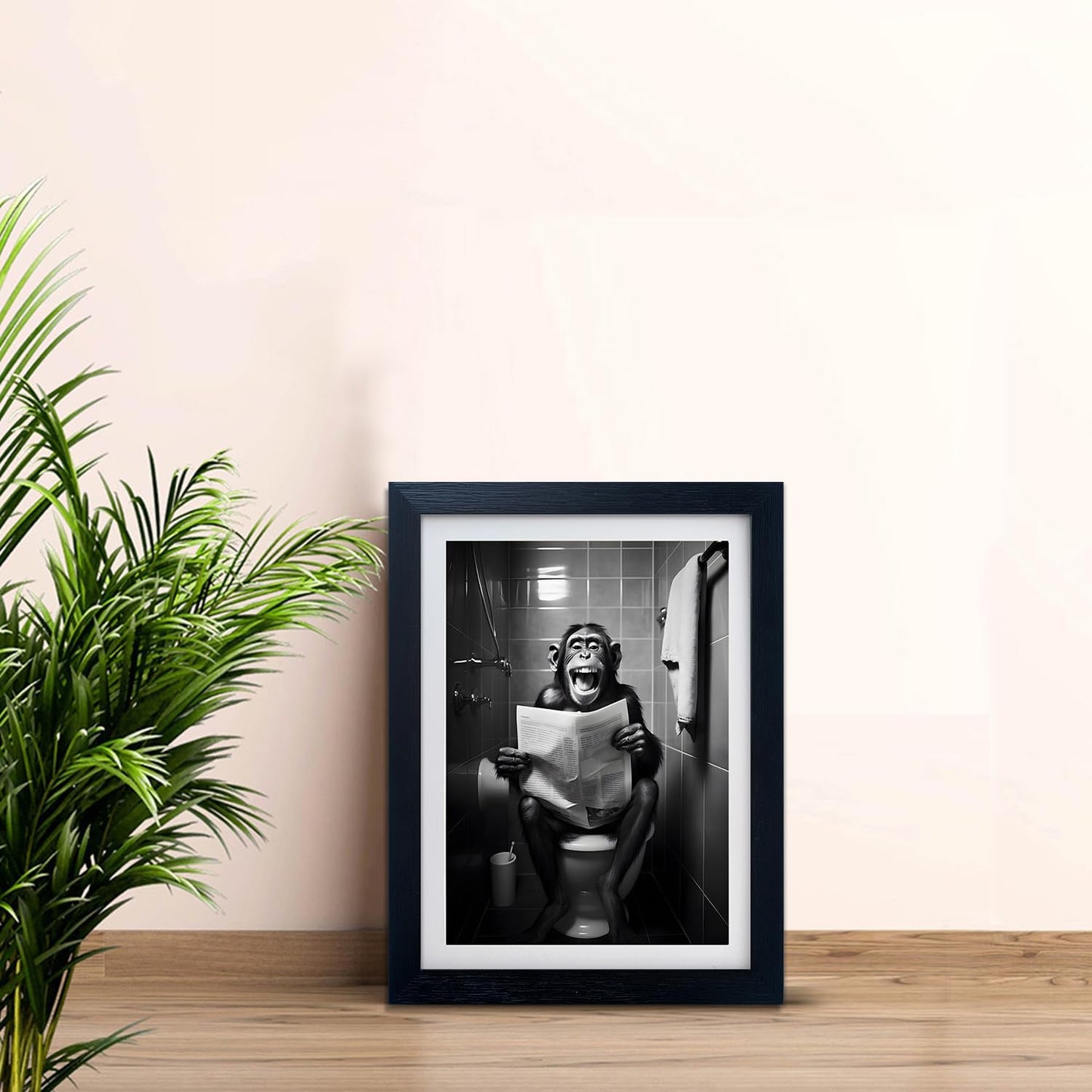 Black and White Bathroom Wall Art Monkey Reading Newspaper Toilet Humor Decor Funny Bathroom Wall Decor Framed Animal Canvas Print Artwork