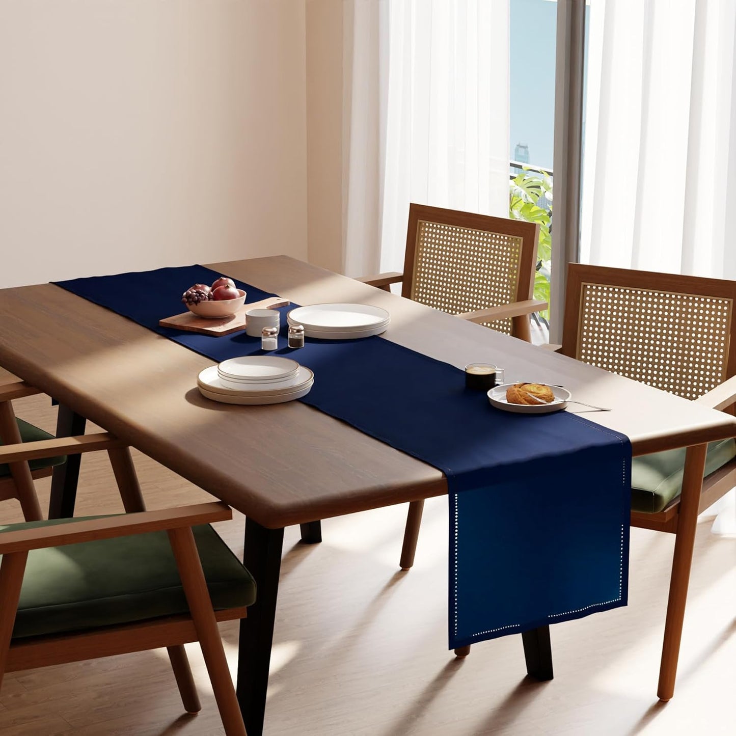 Encasa XO Dining Table Runner 16"x72" | Pure Cotton Hemstitched Design | Scotch Blue - Machine Washable