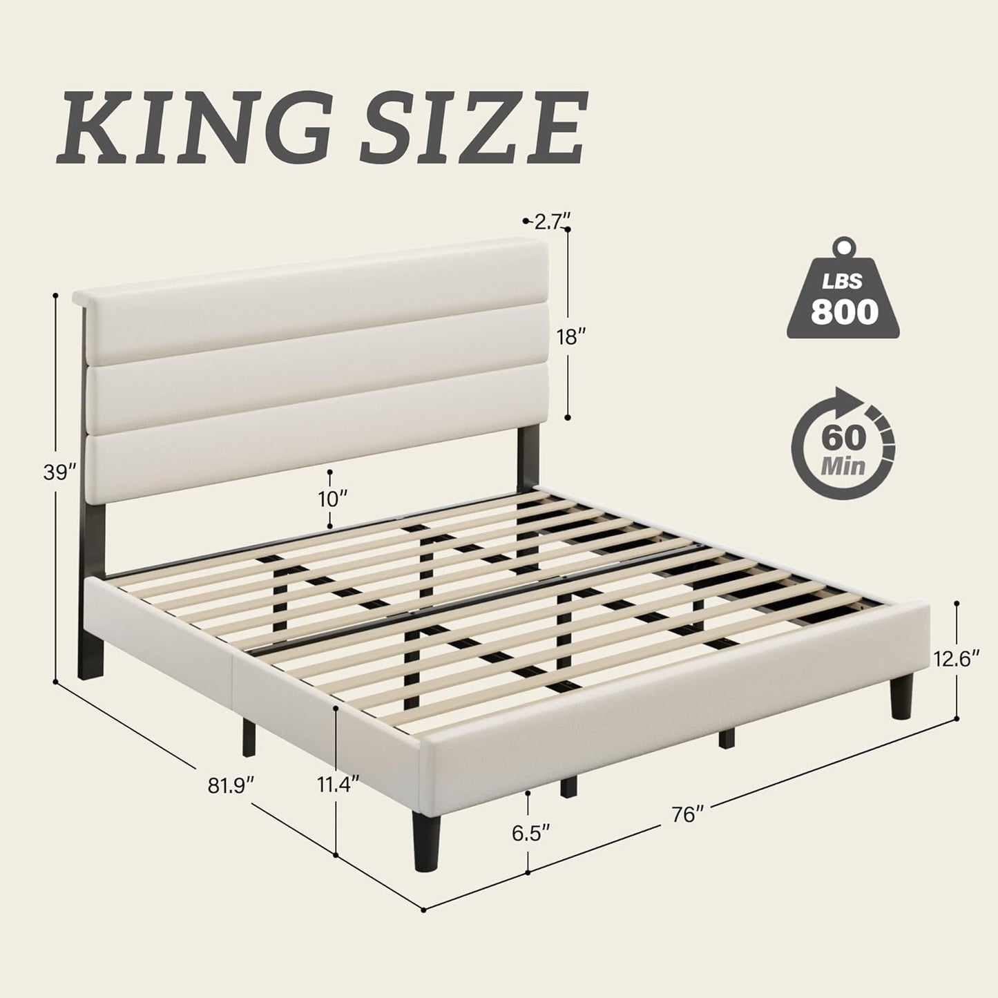 King Bed Frame, Platform Bed with Velvet Upholstered Headboard, No Box Spring Needed, Sturdy Metal Support, Noise Free, Easy Assembly, Mattress Foundation, Modern Bedroom Furniture, Beige