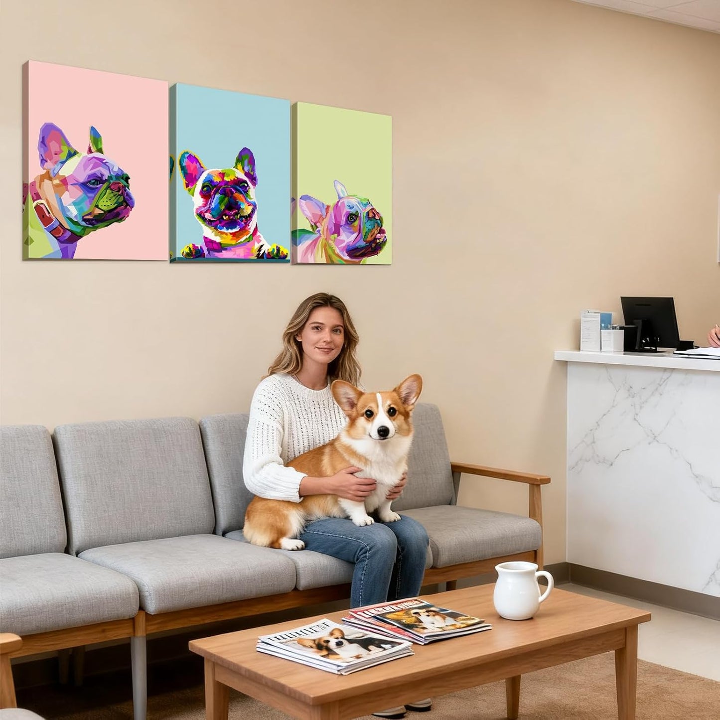 3 Piece French Bulldog Wall Art Dog Canvas Wall Art - French Bulldog Painting with Built-in Wooden Frame (24x36x3 inches) - Lightweight & Ready to Hang, for Living Room, Animal Wall Decor for Pet Shop & Pet Hospital