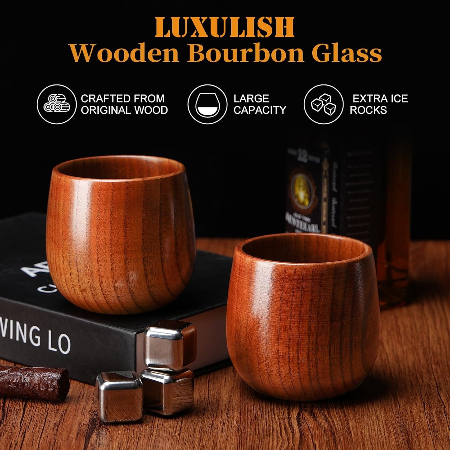 10Oz Large Wooden Bourbon Glass, Include 3 Stainless Steel Ice Cubes, The Original Wood Whiskey Cup, Old Fashioned Drinking Glasses Tumblers, Gift for Men, Dad, Husband, Brother, Friends