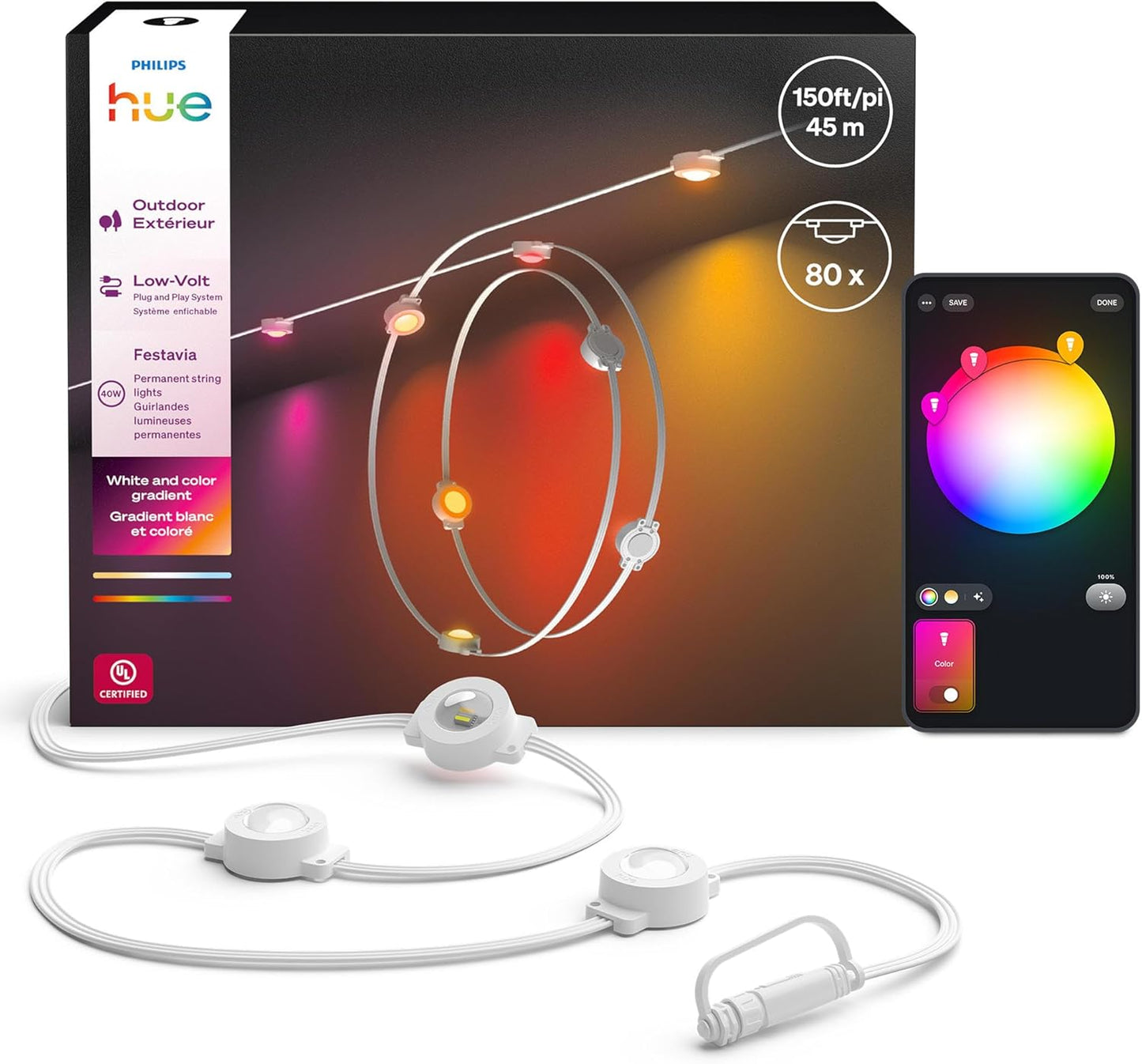 Philips Hue Festavia 150ft Permanent Outdoor String Lights, 80 Dimmable Lights, 55 Lumens Each, Weatherproof, Water-Resistant, White Wire, Color Ambience, Bridge Required