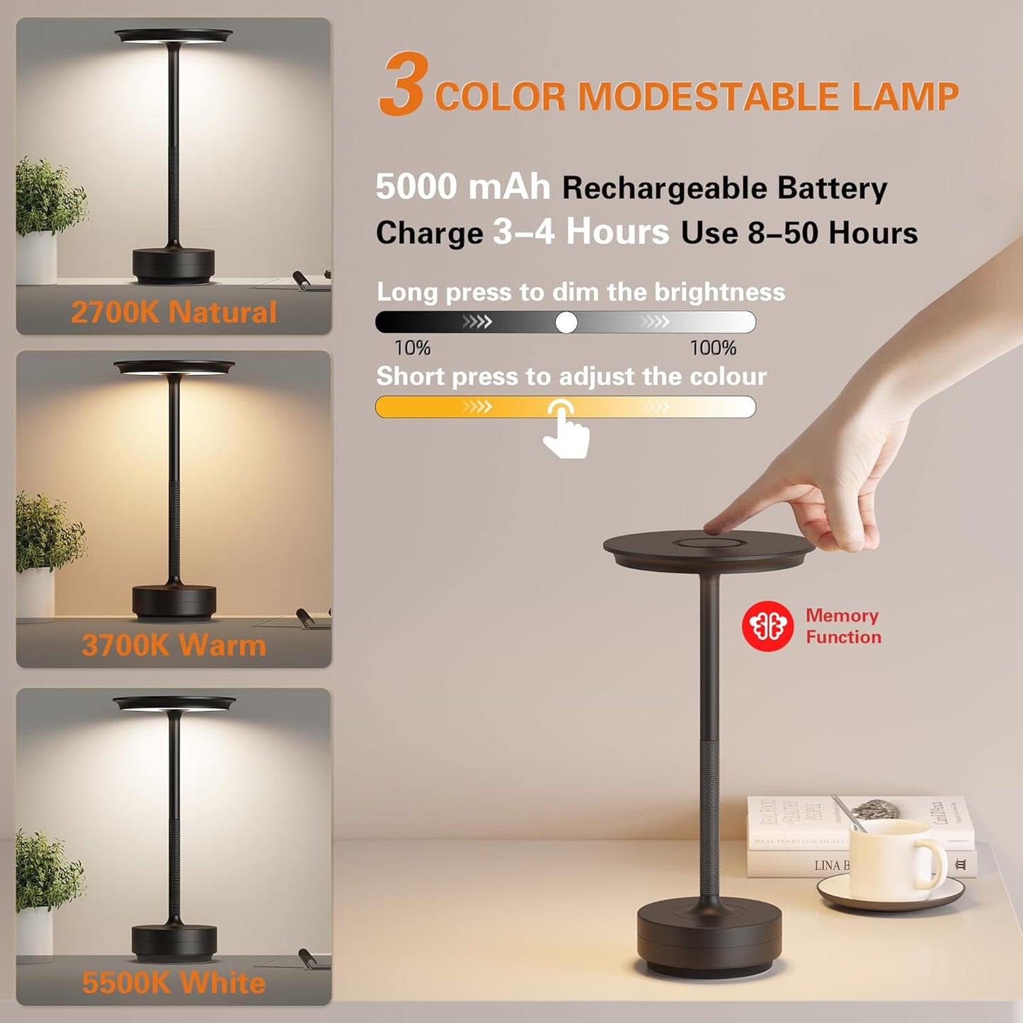 LED Cordless Table Lamp Set of 2,Rechargeable Battery Operated 3 Levels Brightness with Memory Function IP54 Waterproof Portable Lights for Outdoor Patio,Travel,Cafe,Restaurant,(Black)