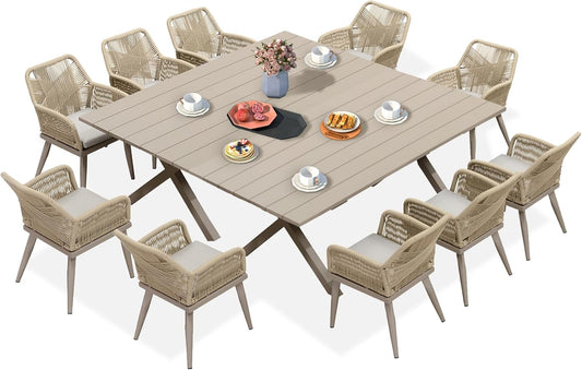 PURPLE LEAF 12 Pieces Outdoor Patio Dining Sets All-Weather PE Rattan Furniture Set with All Aluminum Frame Outdoor Table and Chairs Set for 10 People Lawn Garden Backyard Deck, Champagne