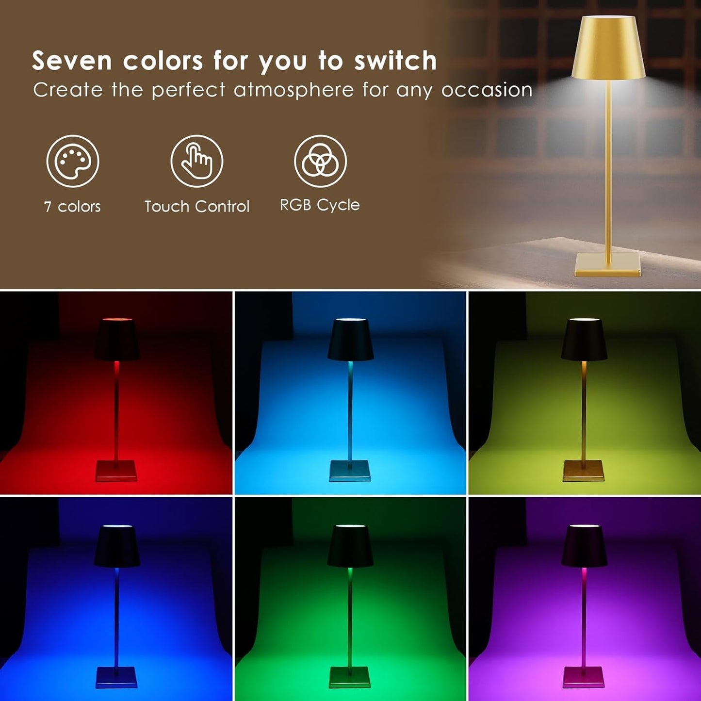 2-Pack LED Cordless Table Lamp with RGB & Stepless Dimming, 3W 5500mAh Rechargeable Desk Lamps Battery Operated Table Light Stepless Dimmable Portable Table Lamp for Table/Bedroom/Outdoor (Gold)