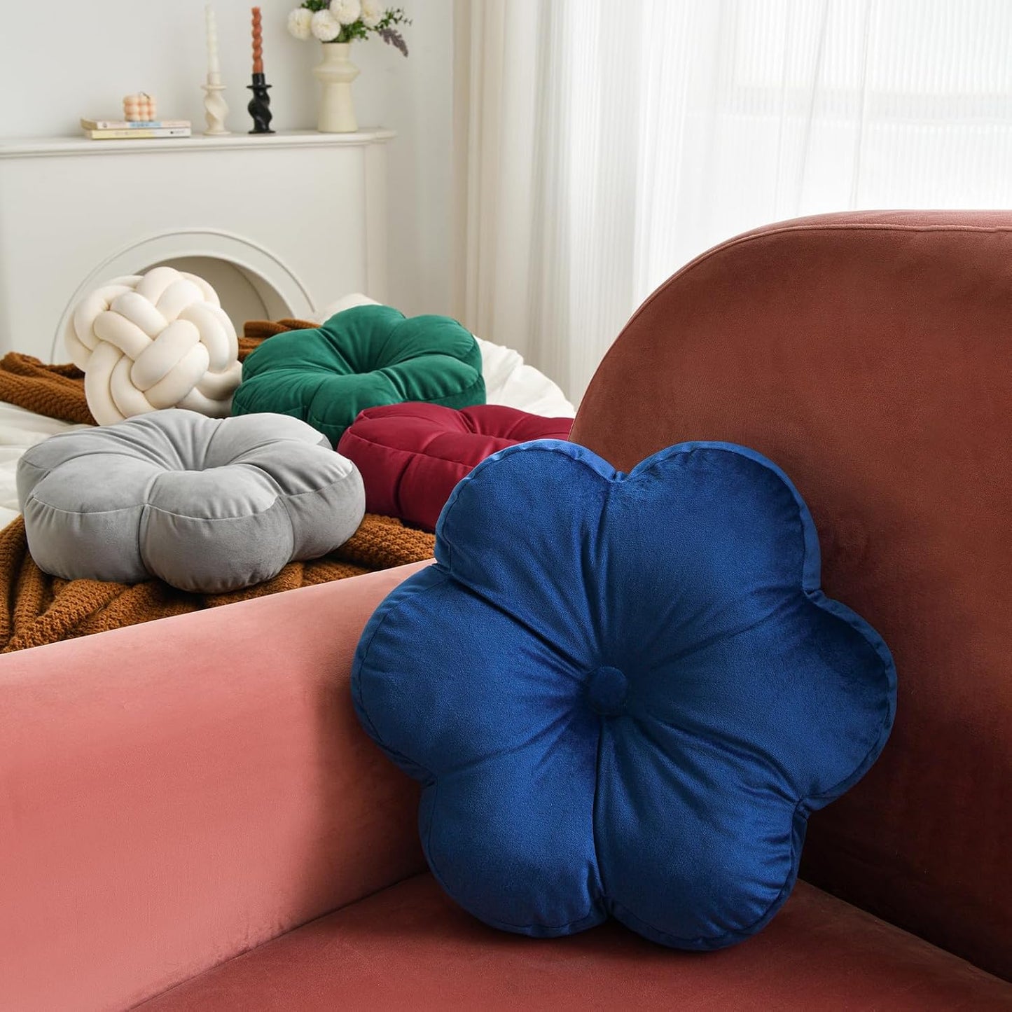 Xuyier Flower Pillow, Flower Shaped Pillow with Velvet for Couch Bed Chair Sofa, Home Decor Floor Seating Cushion Cute Throw Pillows for Living Room Bedroom (15 Inches, Light Gray)