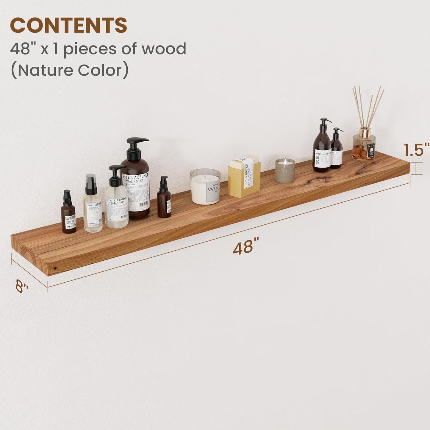Floating Shelves for Wall Decor, 8" Deep Rustic Solid Elm Wood Floating Shelves Wall Mounted, Wall Shelves with Invisible Bracket for Living Room Bathroom Bedroom Kitchen, 48 Inch Set of 1, Natural