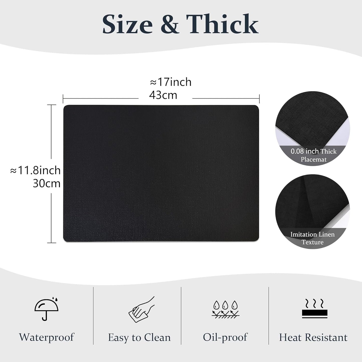 FROMHEART Faux Leather Placemats Set of 12–Waterproof,Heat/Oil Stain-Resistant PU Table Mat–Reversible,Non-Slip,Easy to Clean Place Mats for Kitchen,Dining,Indoor/Outdoor,(Black,11.8" x 17")