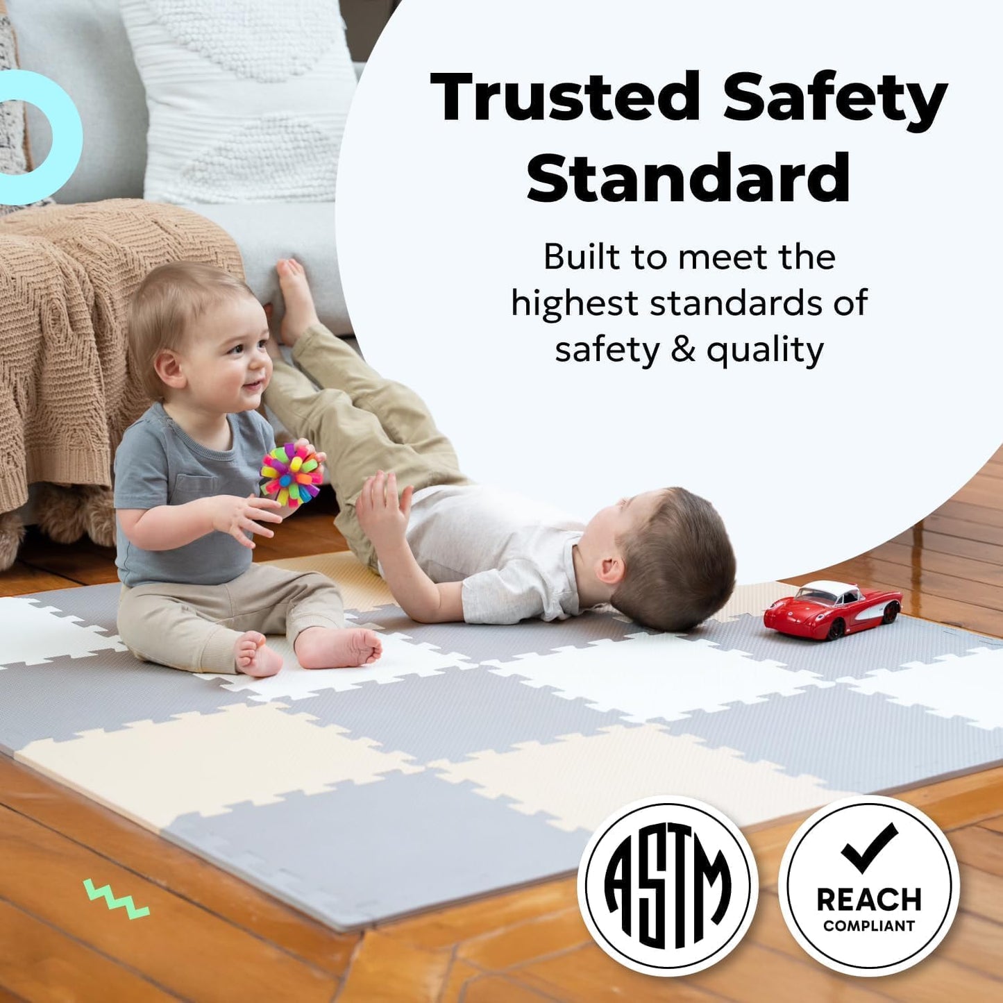 MioTetto Foam Floor Tiles for Kids - Non-Toxic Comfortable Baby Play Mat and Interlocking Foam Tiles, Fits with 50x50 Playpen Mat for Crawling & Development, Soft Play Mat for Babies 6-12 Months